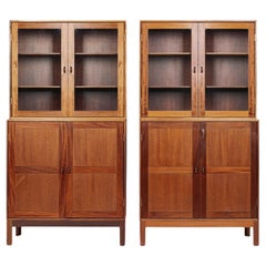 Midcentury Danish Wood Storage Cabinets with Glass Doors & File Drawer