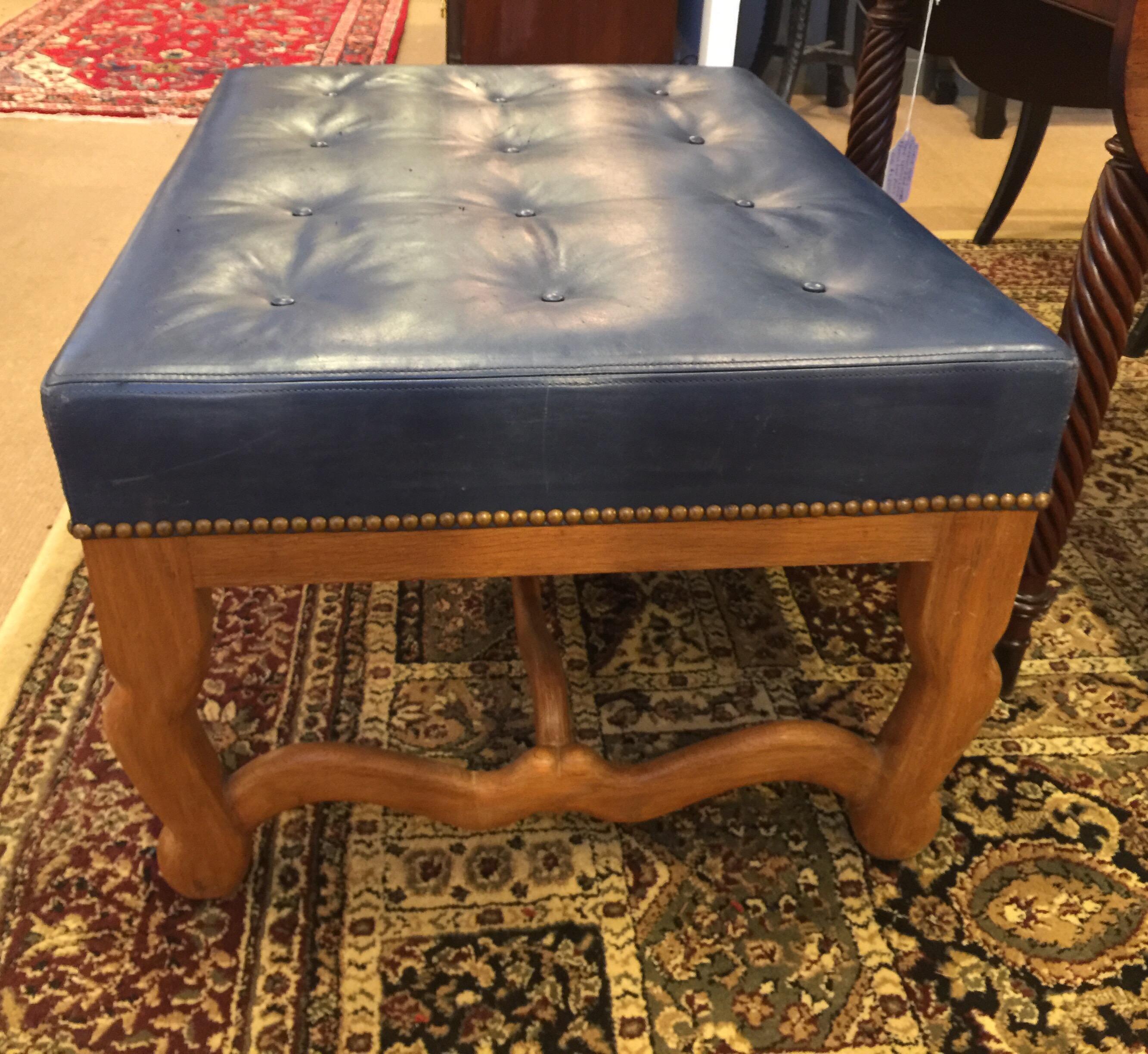 Midcentury Dark Blue Large Leather Ottoman by Baker 4