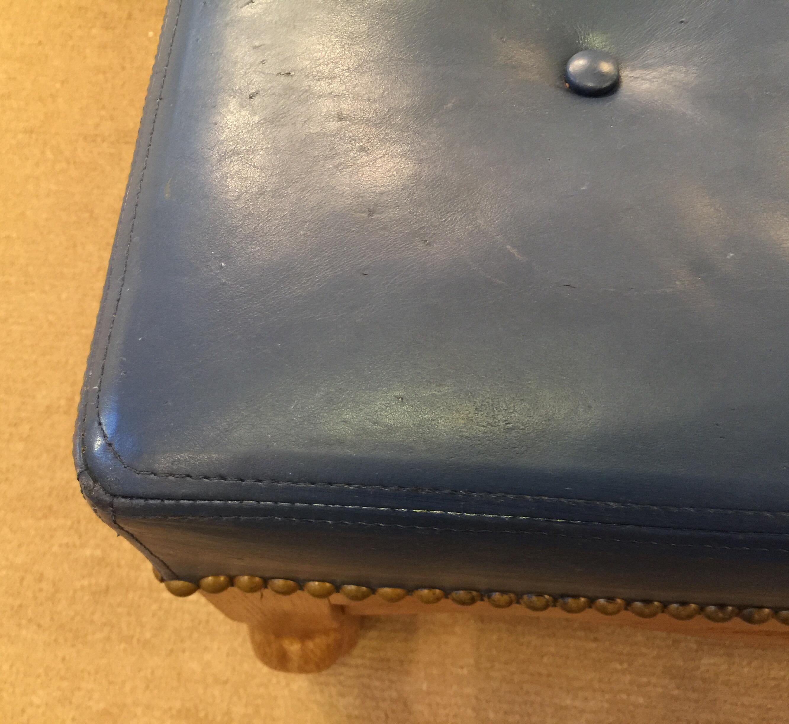 Midcentury Dark Blue Large Leather Ottoman by Baker 1