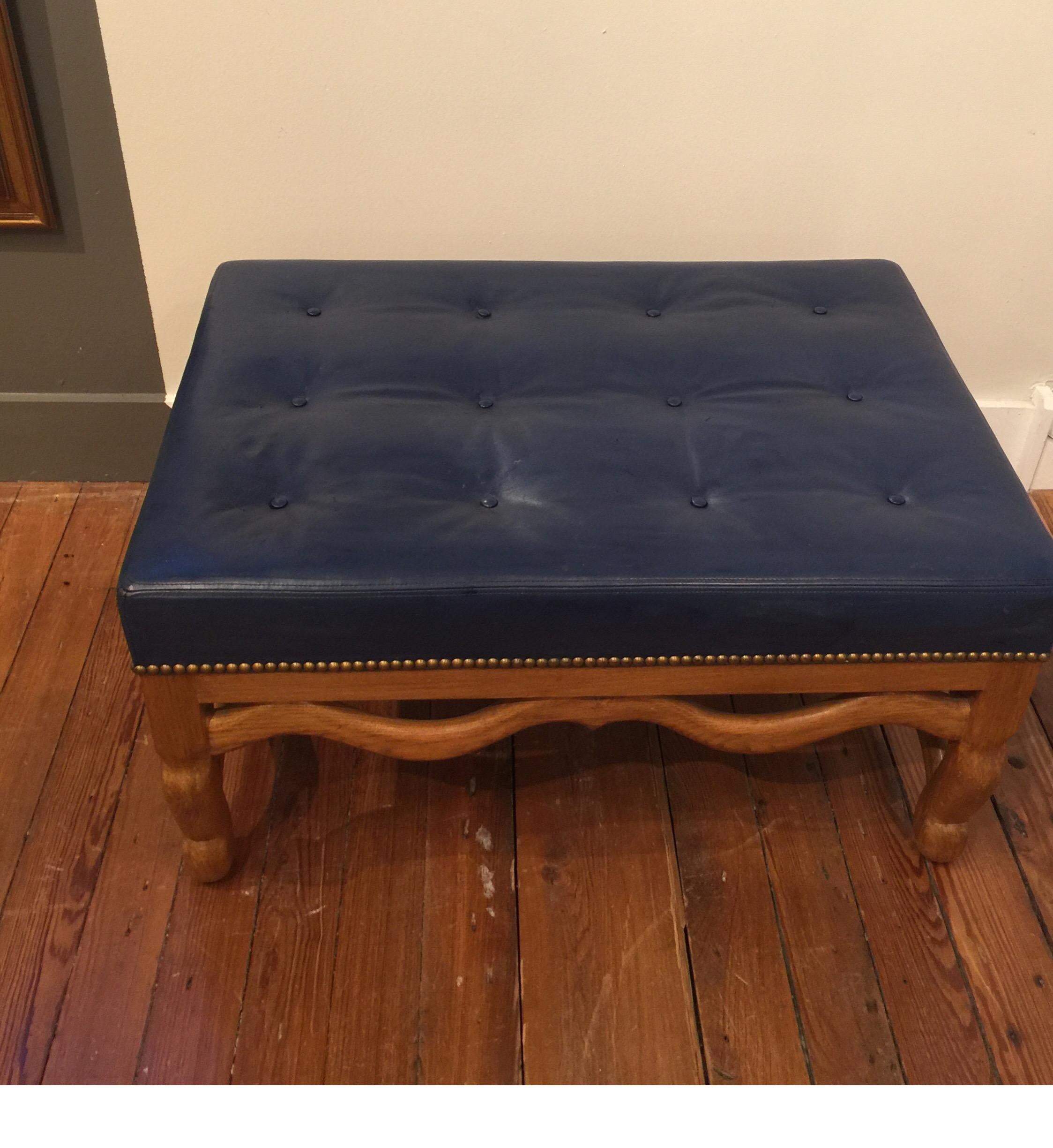 Midcentury Dark Blue Large Leather Ottoman by Baker 2