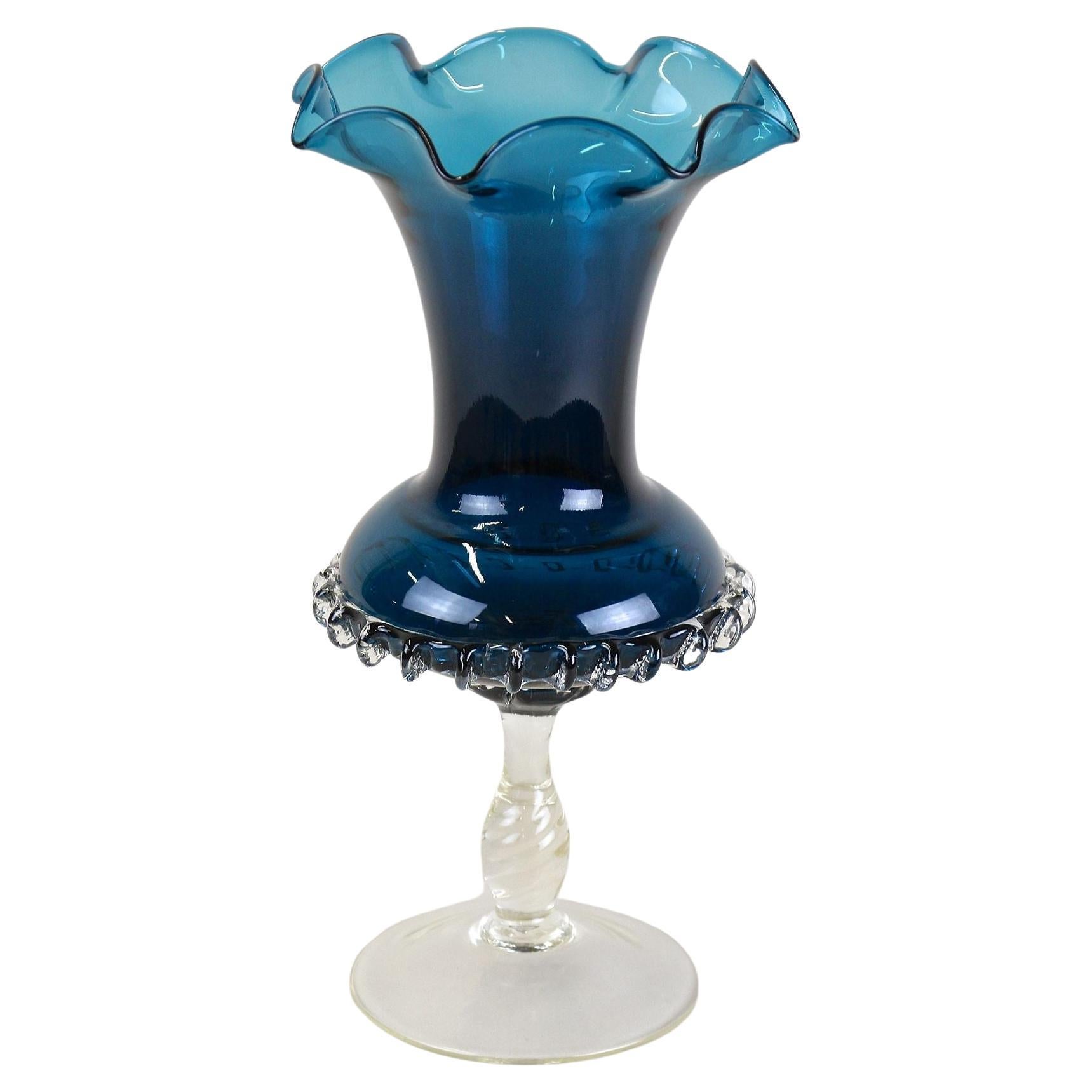 Midcentury Dark Blue Murano Glass Vase, Mouthblown, Italy, circa 1960