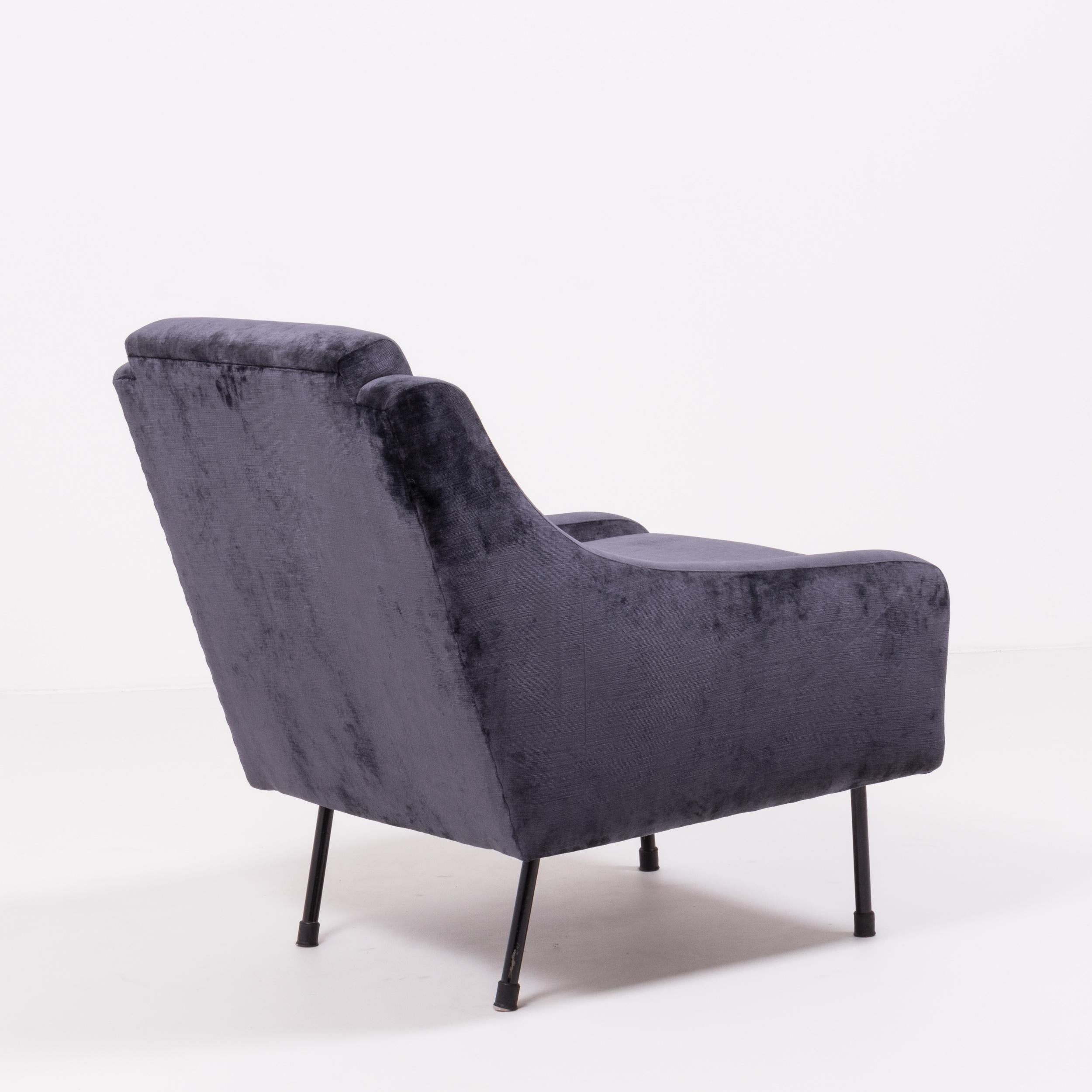 Unknown Midcentury Modern Dark Blue Velvet Armchair