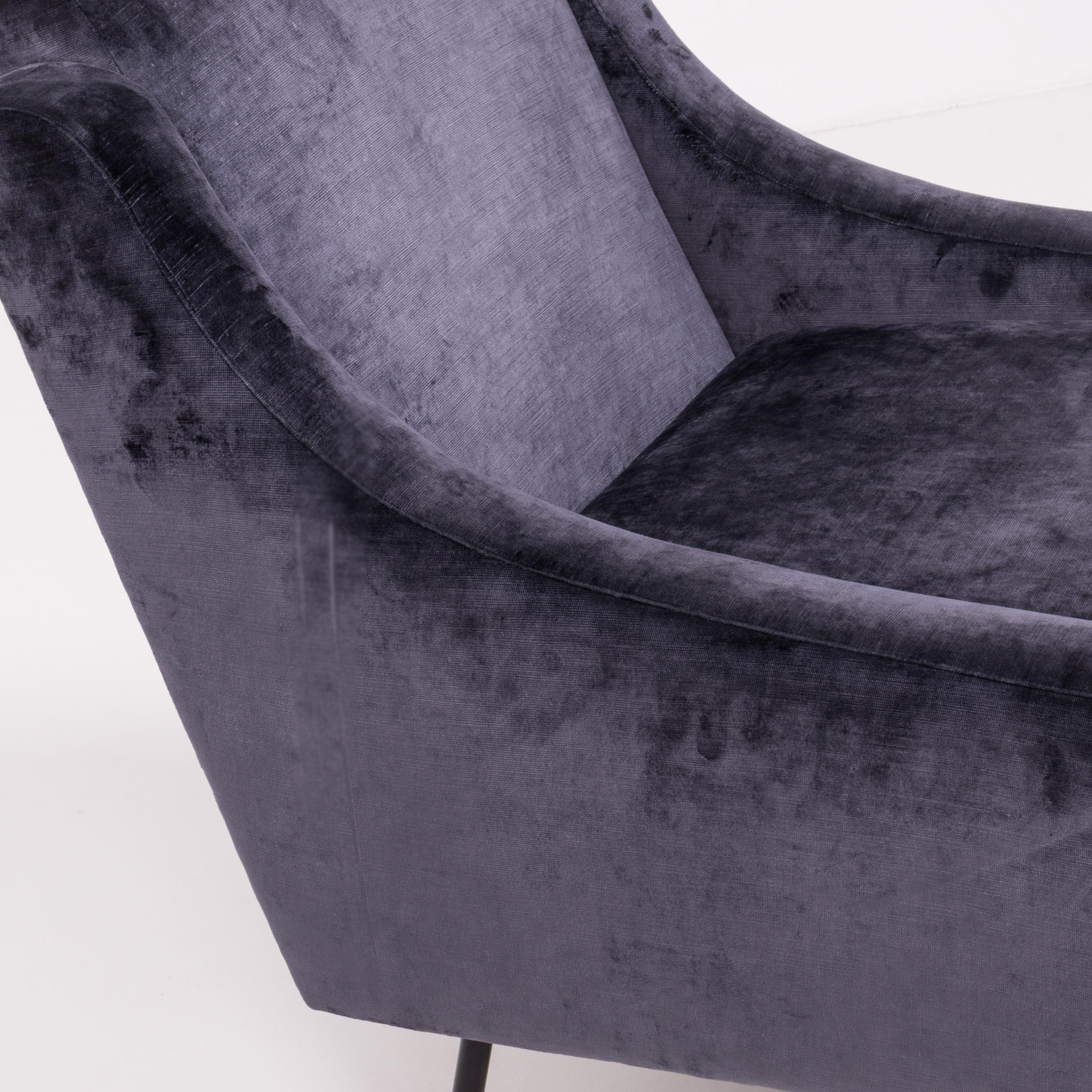 Fabric Midcentury Modern Dark Blue Velvet Armchair