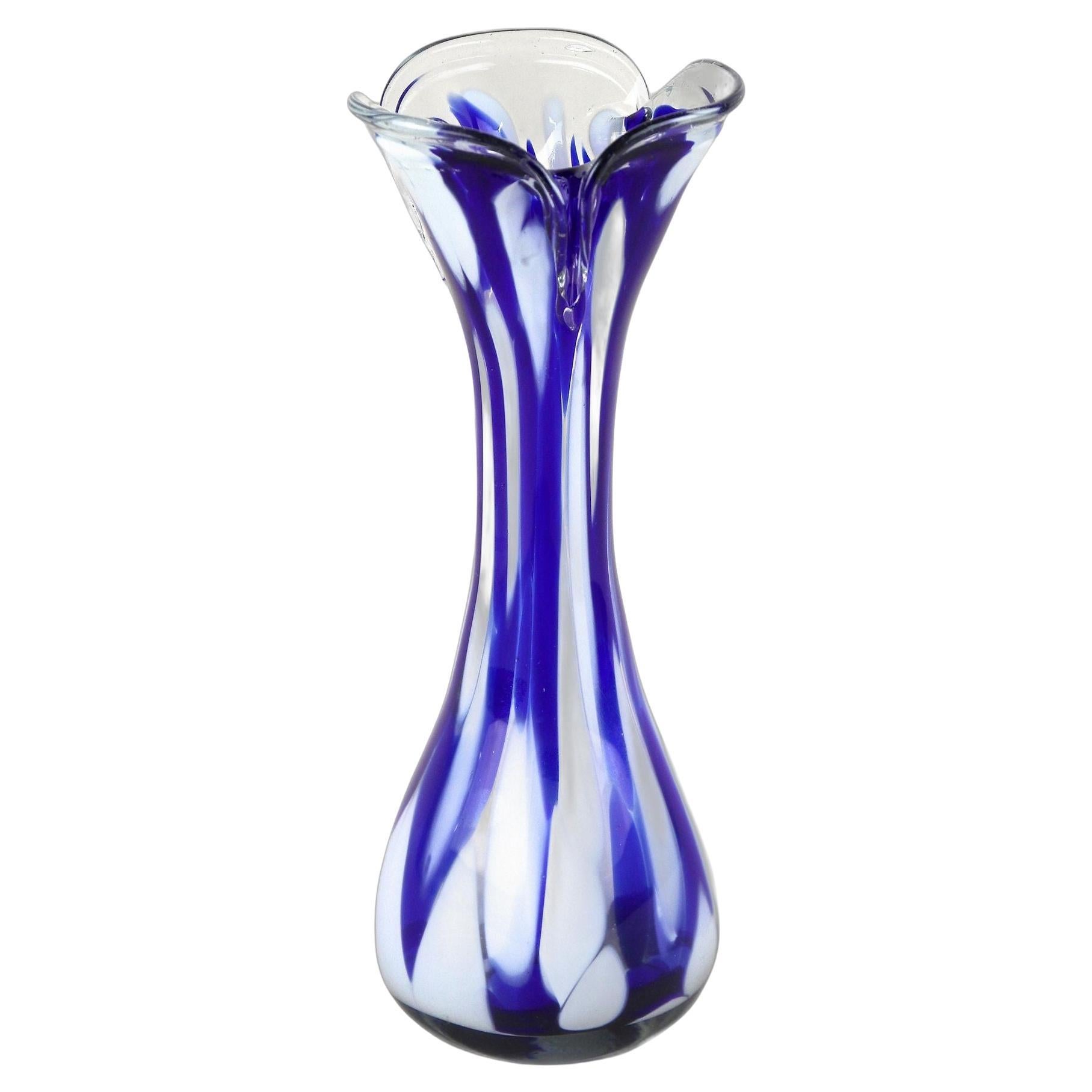 Mid Century Dark Blue/ White Murano Glass Vase, Italy ca. 1970