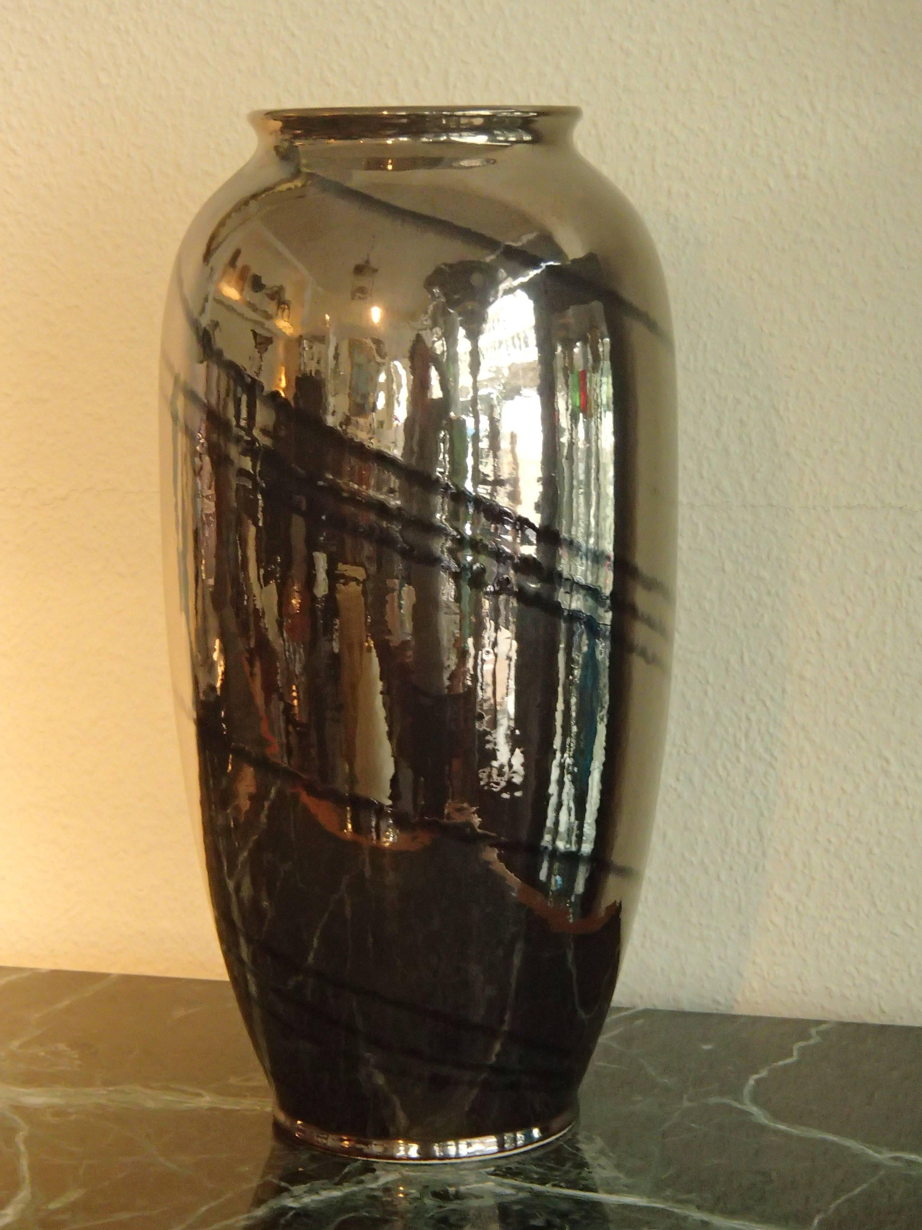 Midcentury dark bronze and black glaze large ceramic vase BAY W:-Germany.
