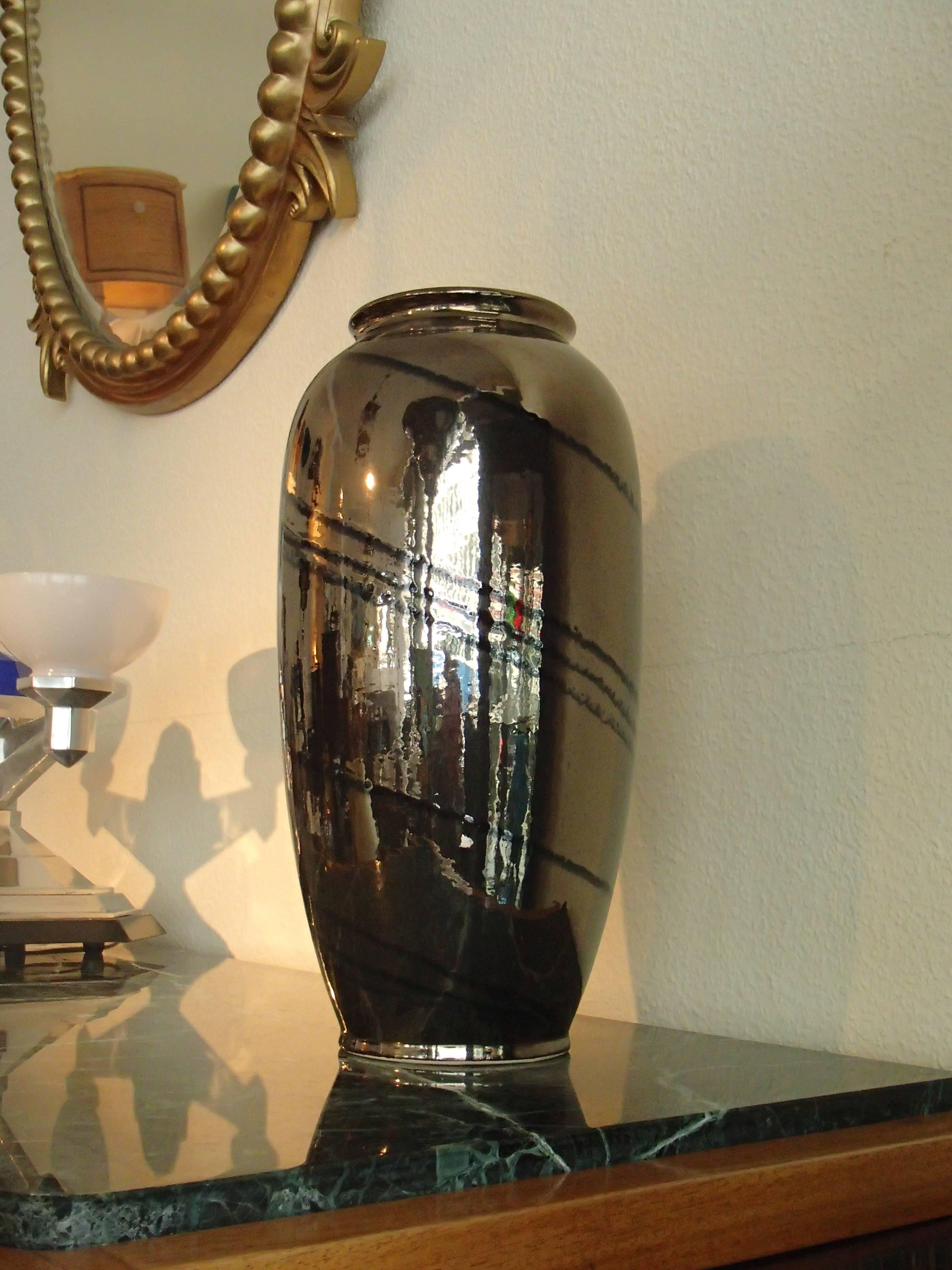 Mid-Century Modern Midcentury Dark Bronze and Black Glaze Large Ceramic Vase Bay W:-Germany For Sale