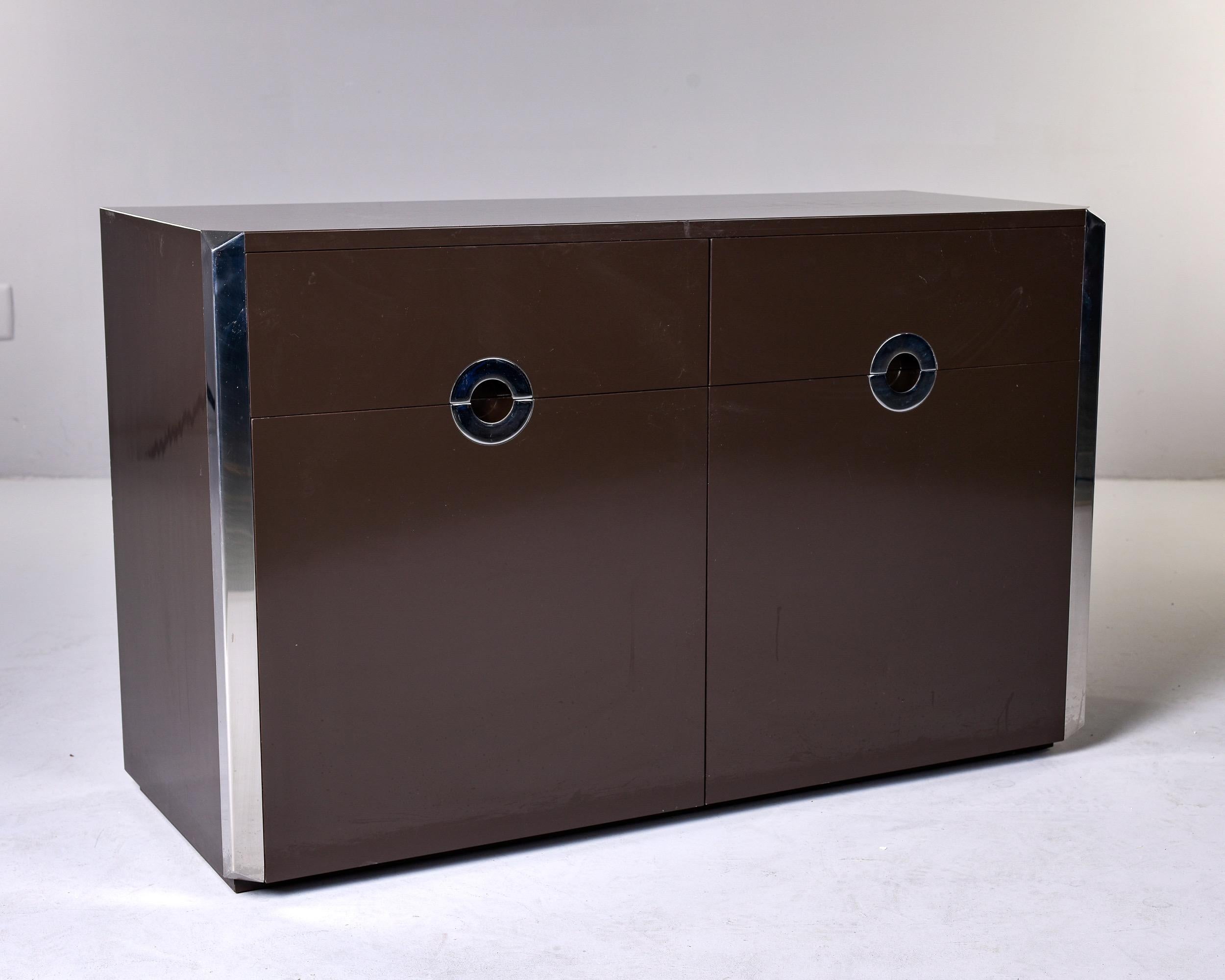 Mid Century Dark Brown Lacquered Cabinet with Chrome Pulls 4