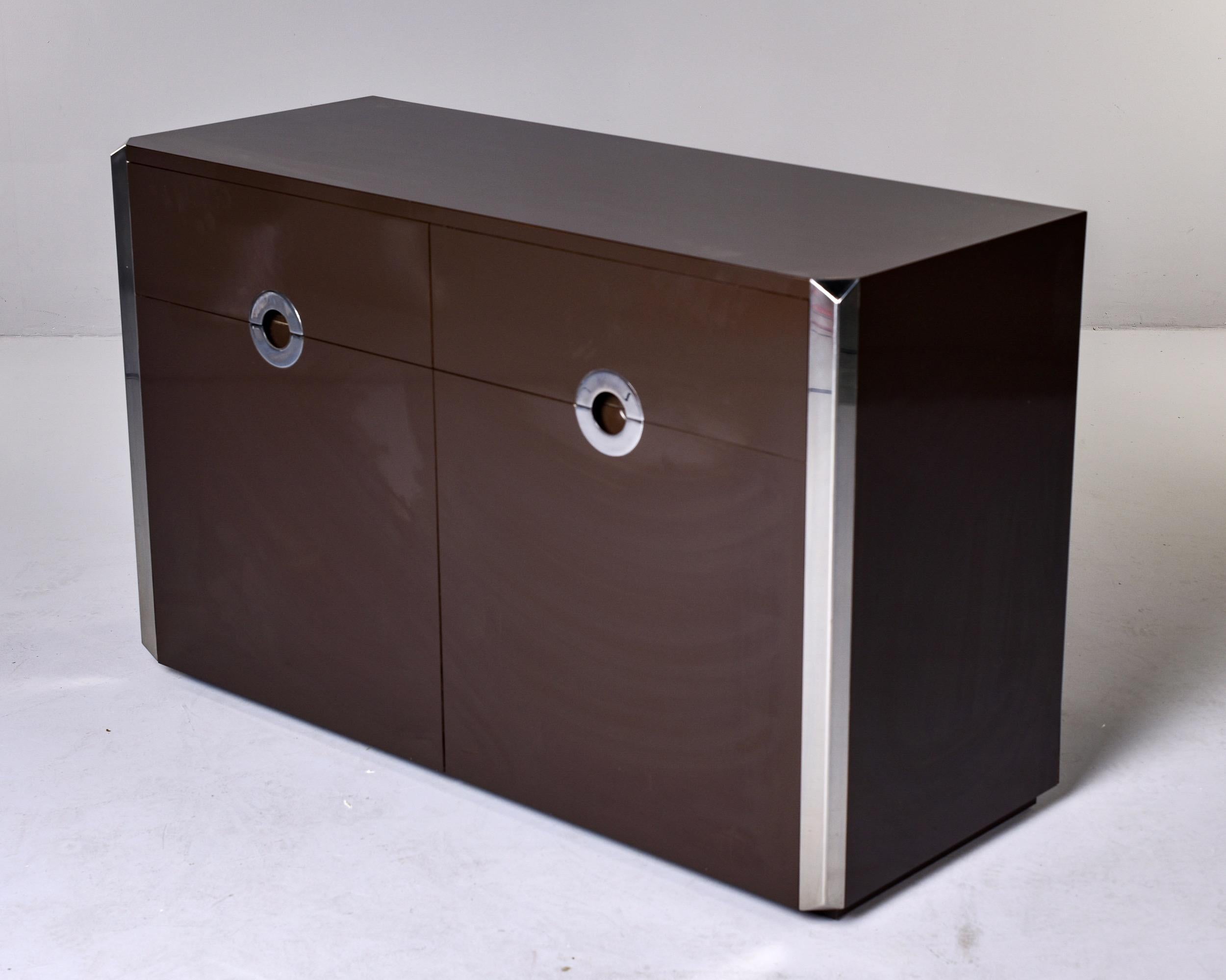 Mid Century Dark Brown Lacquered Cabinet with Chrome Pulls 8