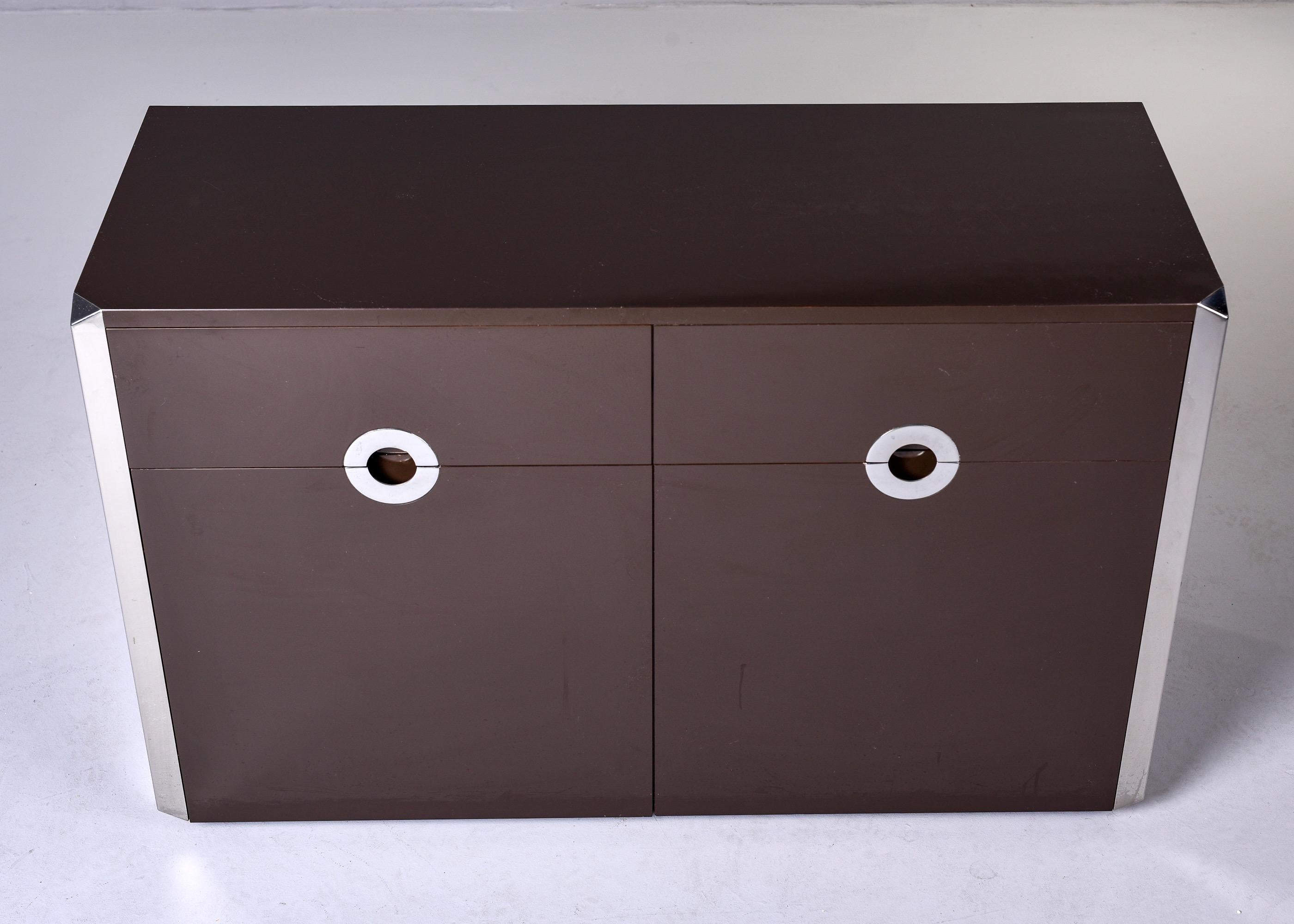Mid Century Dark Brown Lacquered Cabinet with Chrome Pulls In Good Condition In Troy, MI