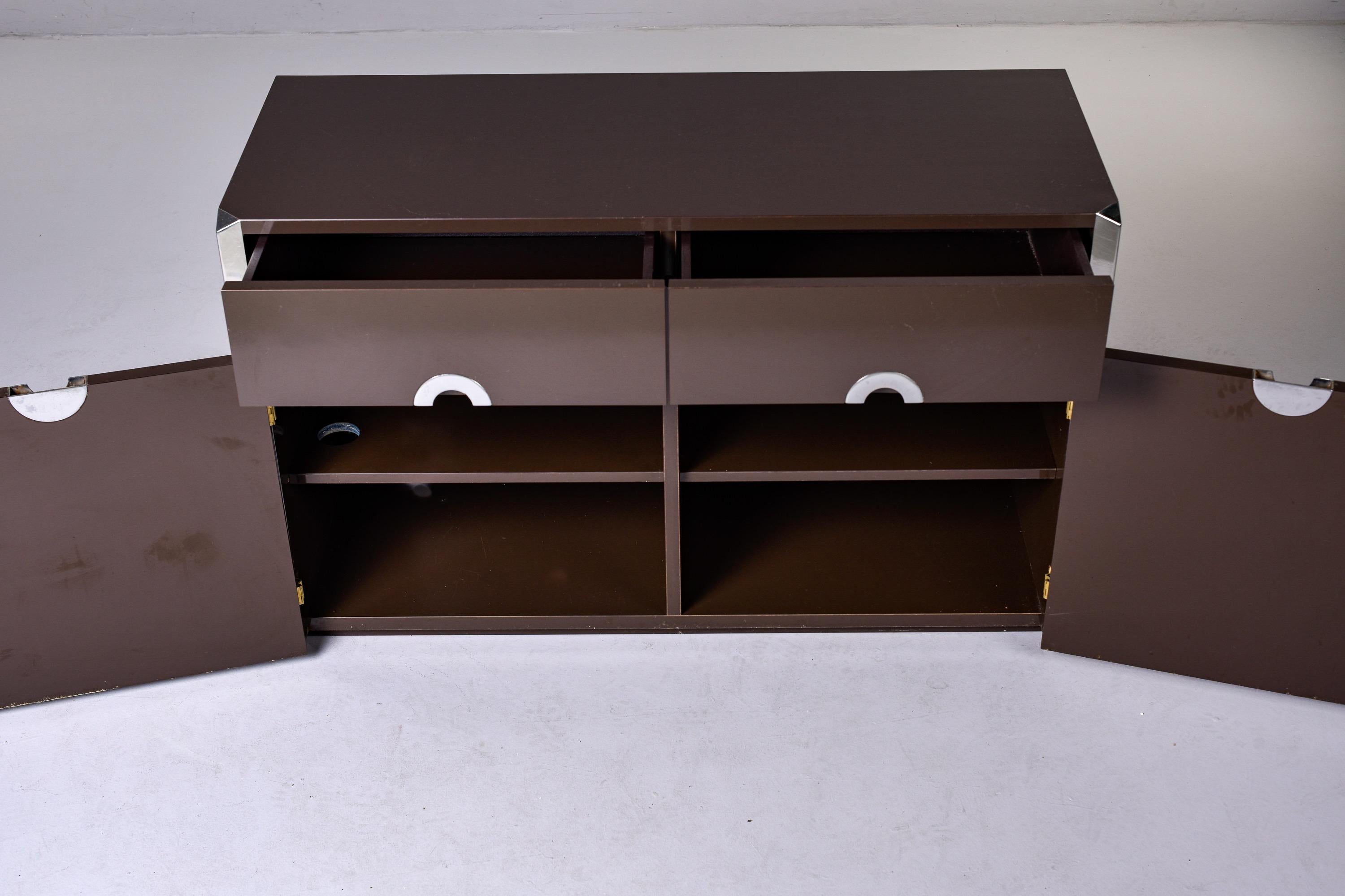 20th Century Mid Century Dark Brown Lacquered Cabinet with Chrome Pulls