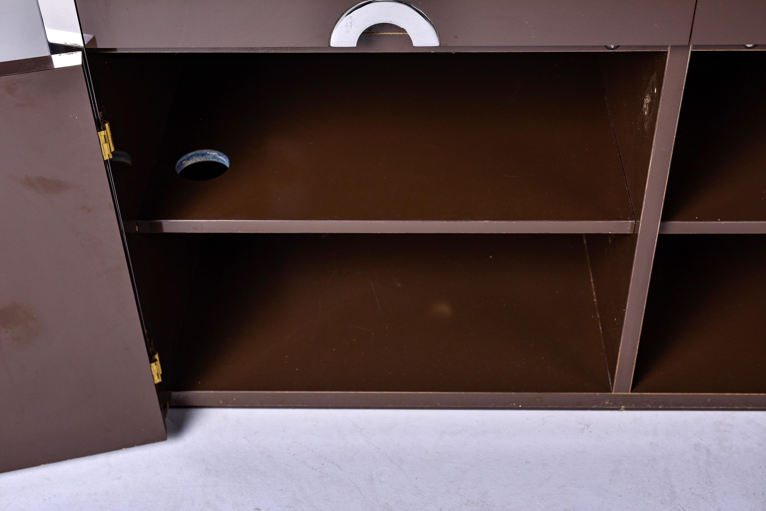 Mid Century Dark Brown Lacquered Cabinet with Chrome Pulls 1