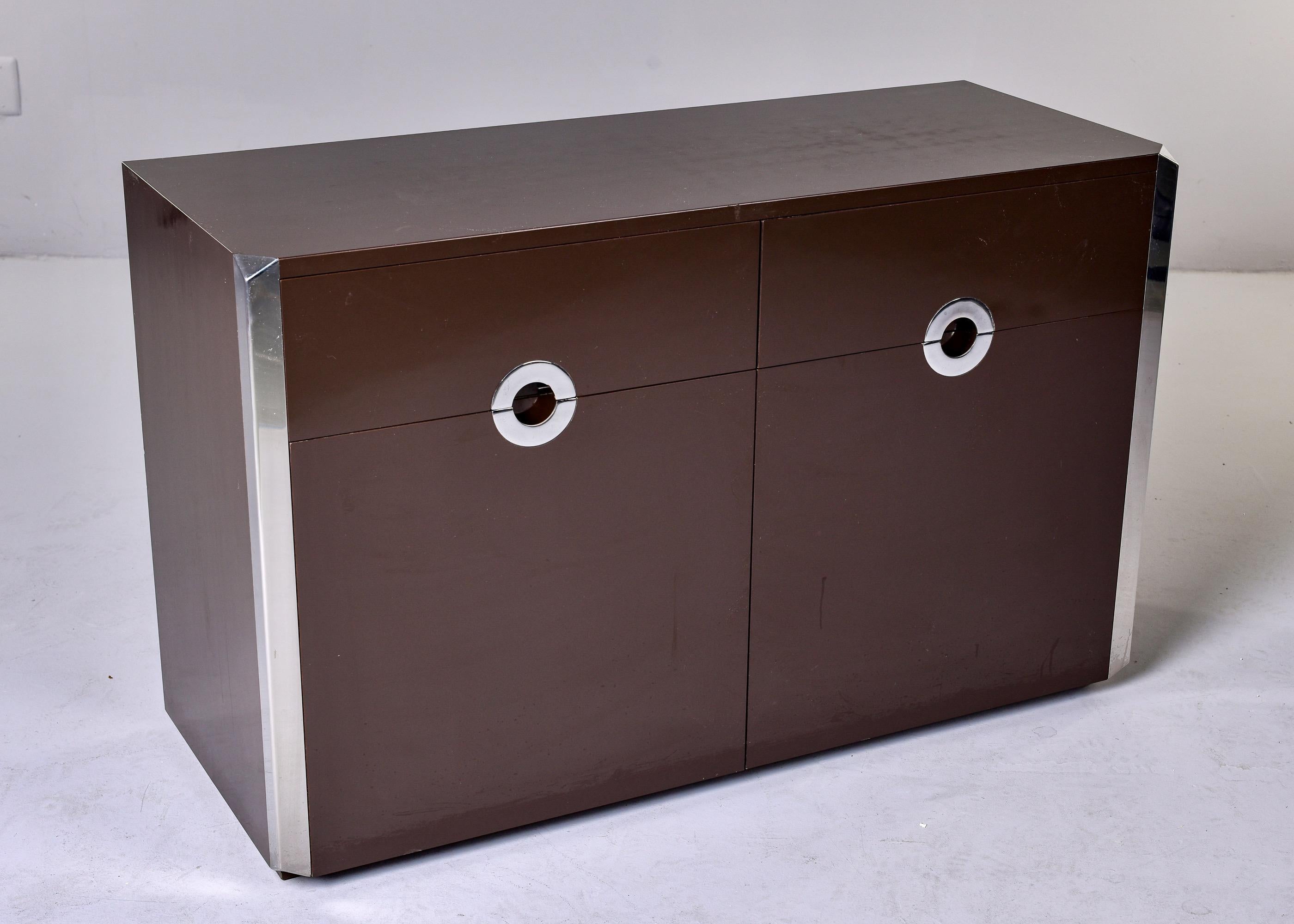 Mid Century Dark Brown Lacquered Cabinet with Chrome Pulls 3