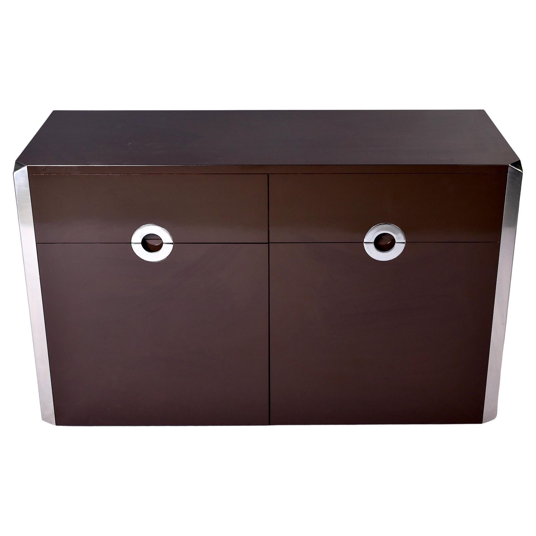 Mid Century Dark Brown Lacquered Cabinet with Chrome Pulls