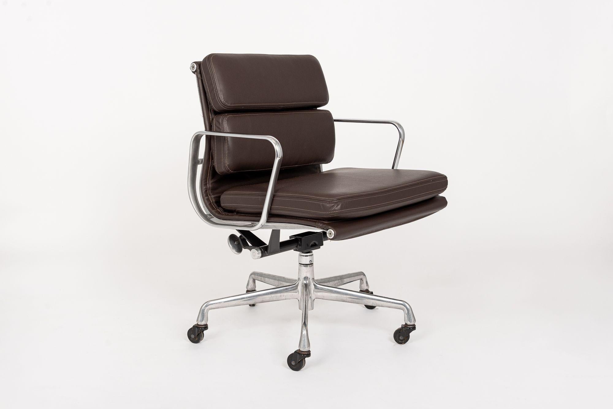 Mid-Century Modern Herman Miller Eames Dark Brown Leather Desk Chair Soft Pad For Sale
