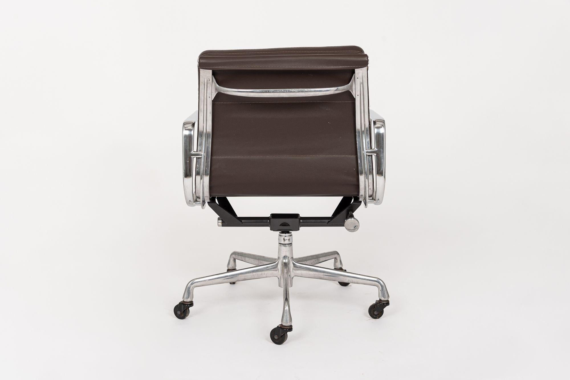Aluminum Herman Miller Eames Dark Brown Leather Desk Chair Soft Pad For Sale