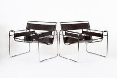 Mid Century Dark Brown Leather Wassily Arm Chairs by Marcel Breuer for Knoll