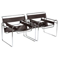 Mid Century Dark Brown Leather Wassily Arm Chairs Marcel Breuer for Knoll 1960s