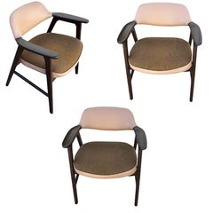 Poltrone decorative in rovere scuro in stile Mid-Century con seduta beige di Paoli Furniture, set da 3