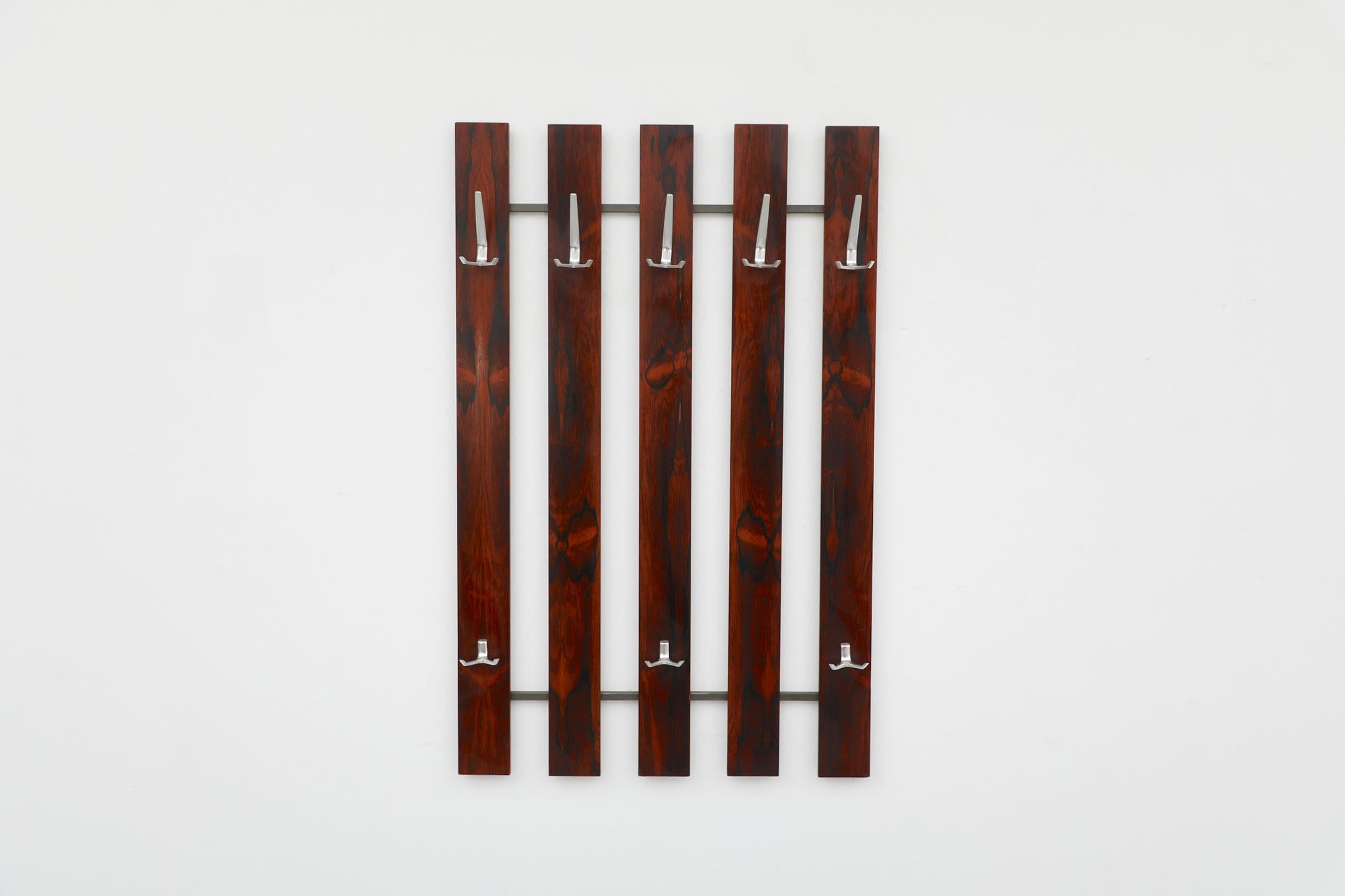 Large Mid-Century Dark Rosewood Wall Mounted Coat Rack with Metal Hooks For Sale 4