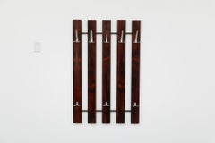 Large Mid-Century Dark Rosewood Wall Mounted Coat Rack with Metal Hooks