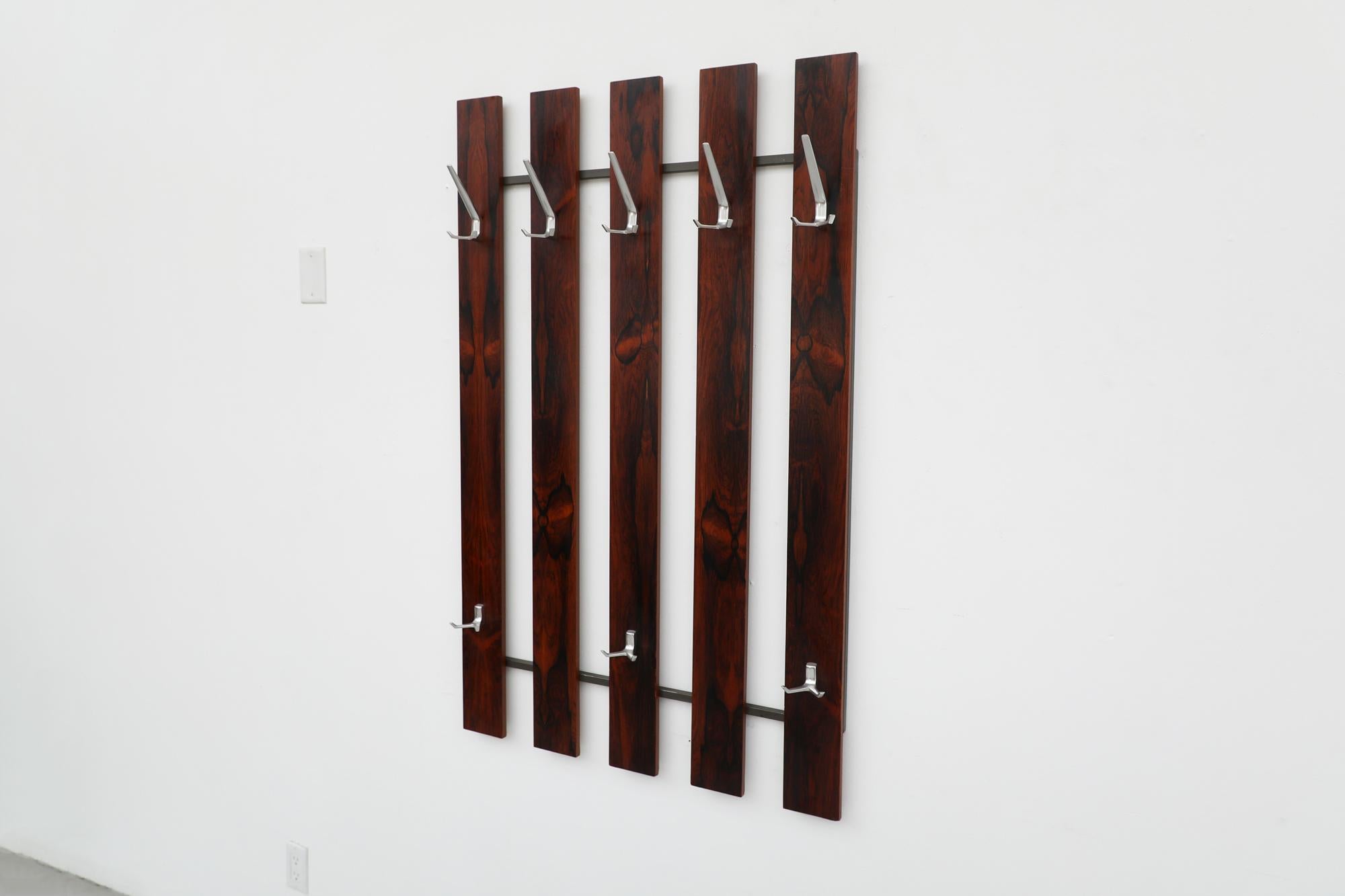Mid-Century Modern Large Mid-Century Dark Rosewood Wall Mounted Coat Rack with Metal Hooks For Sale