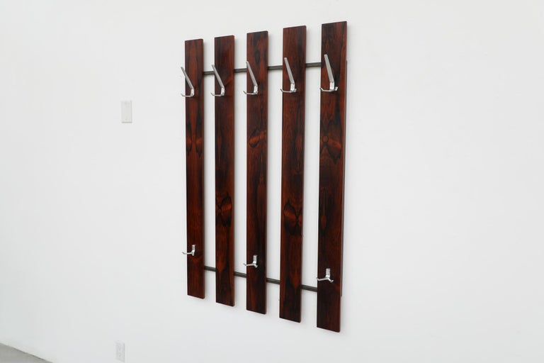 Large Mid-Century Dark Rosewood Wall Mounted Coat Rack with Metal Hooks