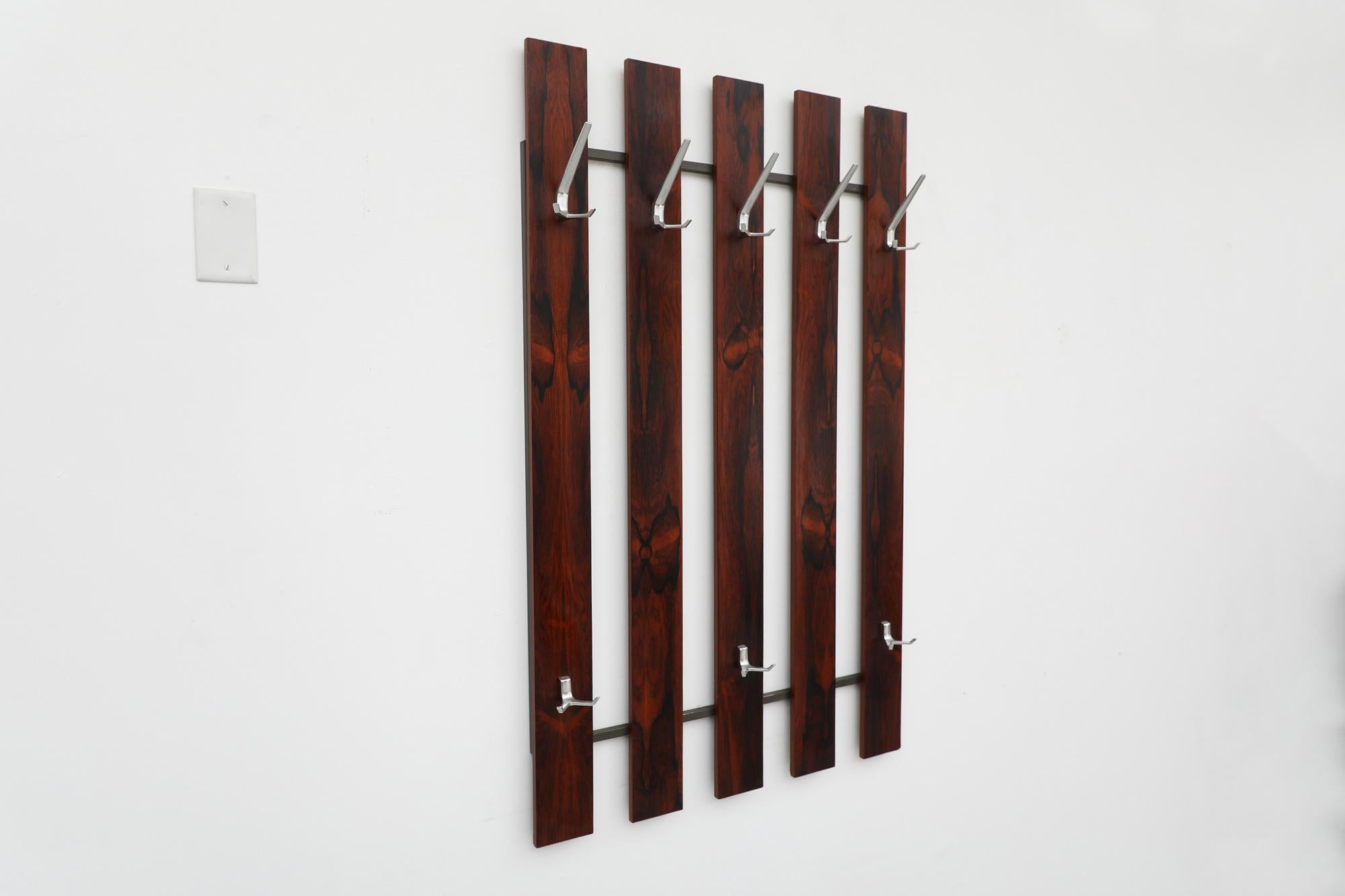 Dutch Large Mid-Century Dark Rosewood Wall Mounted Coat Rack with Metal Hooks For Sale
