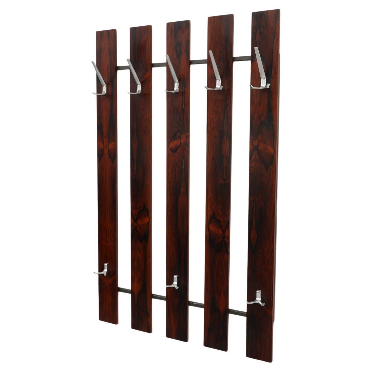 Large Mid-Century Dark Rosewood Wall Mounted Coat Rack with Metal Hooks For Sale