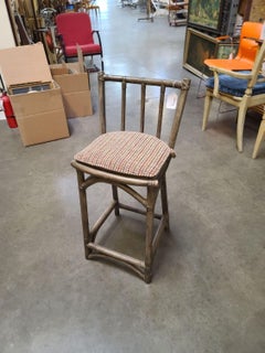 Mid Century Dark Stained Rattan Bar Stools with Stick Back, set of 8