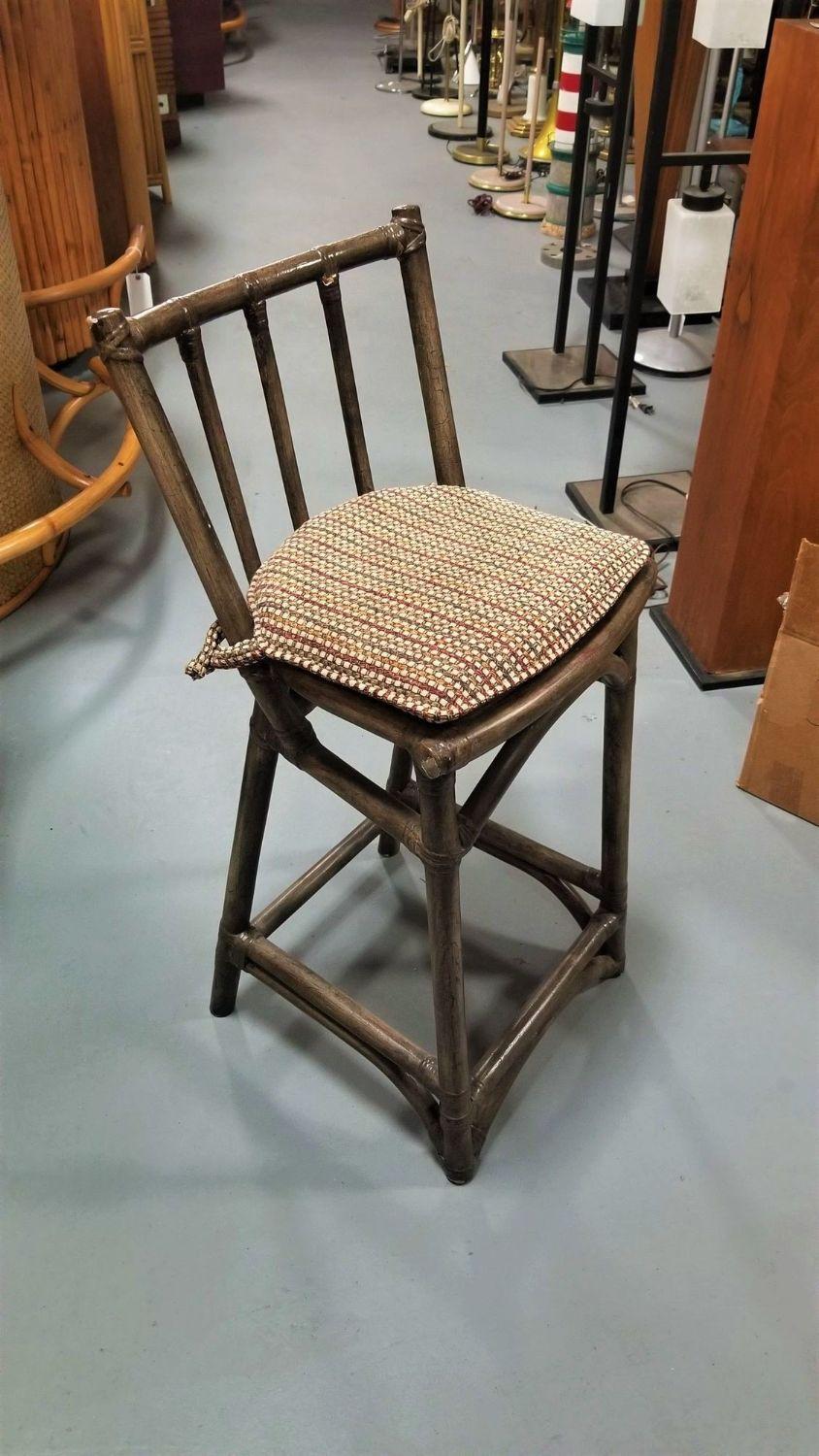 Mid-20th Century Mid Century Dark Stained Rattan Bar Stools with Stick Back, set of 8 For Sale