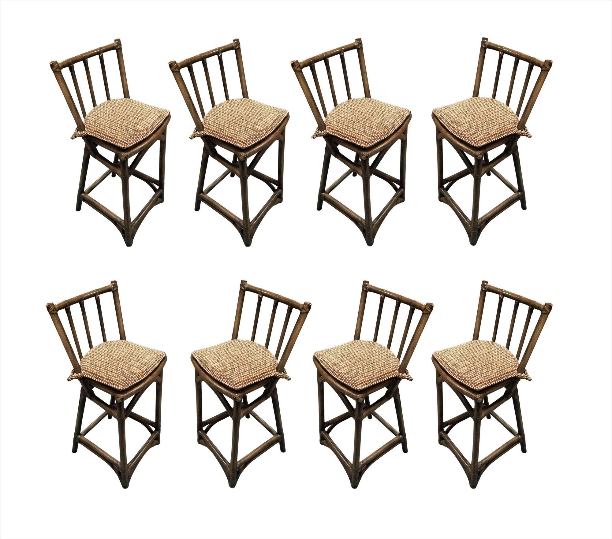 Mid Century Dark Stained Rattan Bar Stools with Stick Back, set of 8