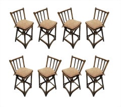 Retro Mid Century Dark Stained Rattan Bar Stools with Stick Back, set of 8