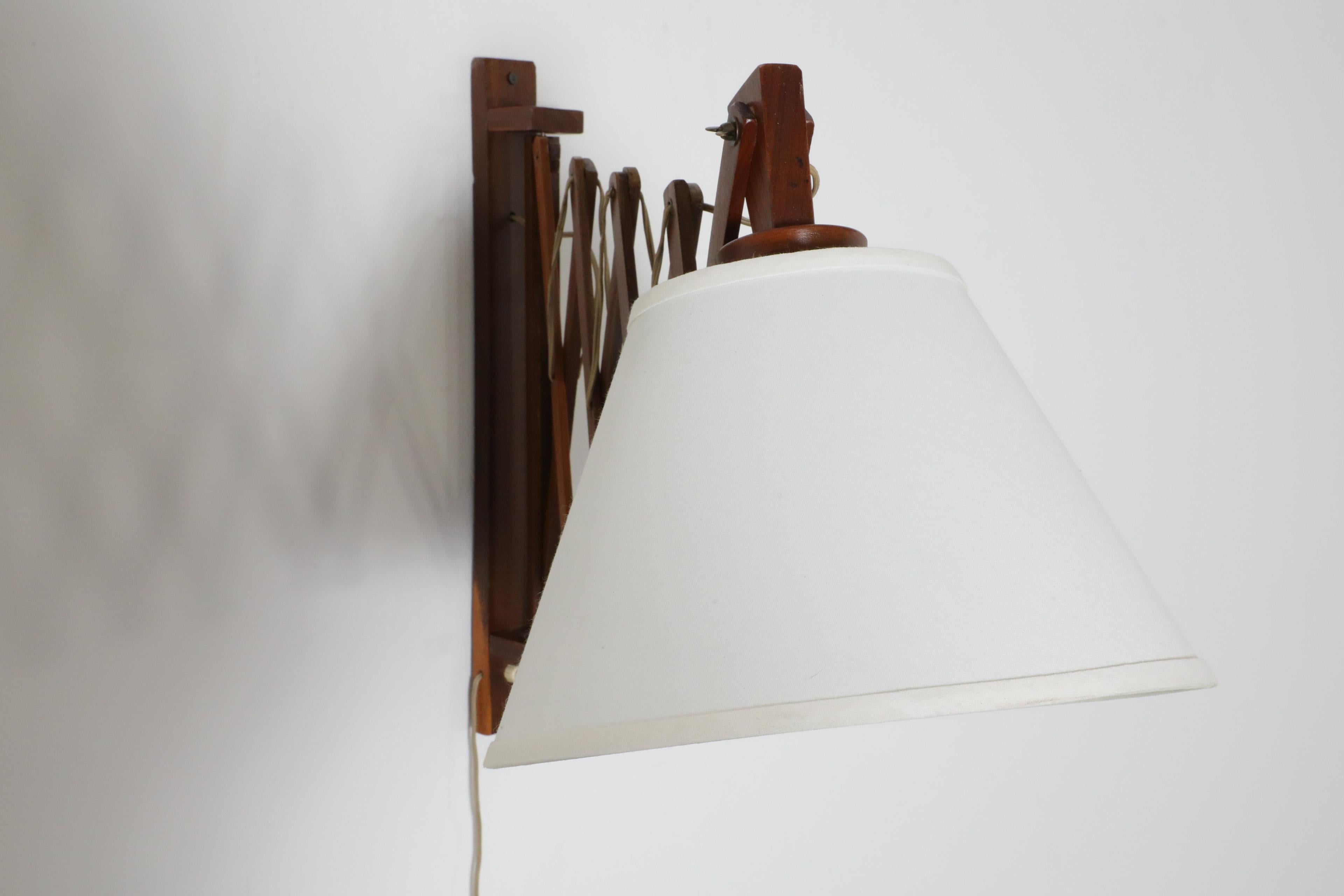 Mid-Century Dark Teak Accordion Wall Mount Lamp with New Linen Shade 8