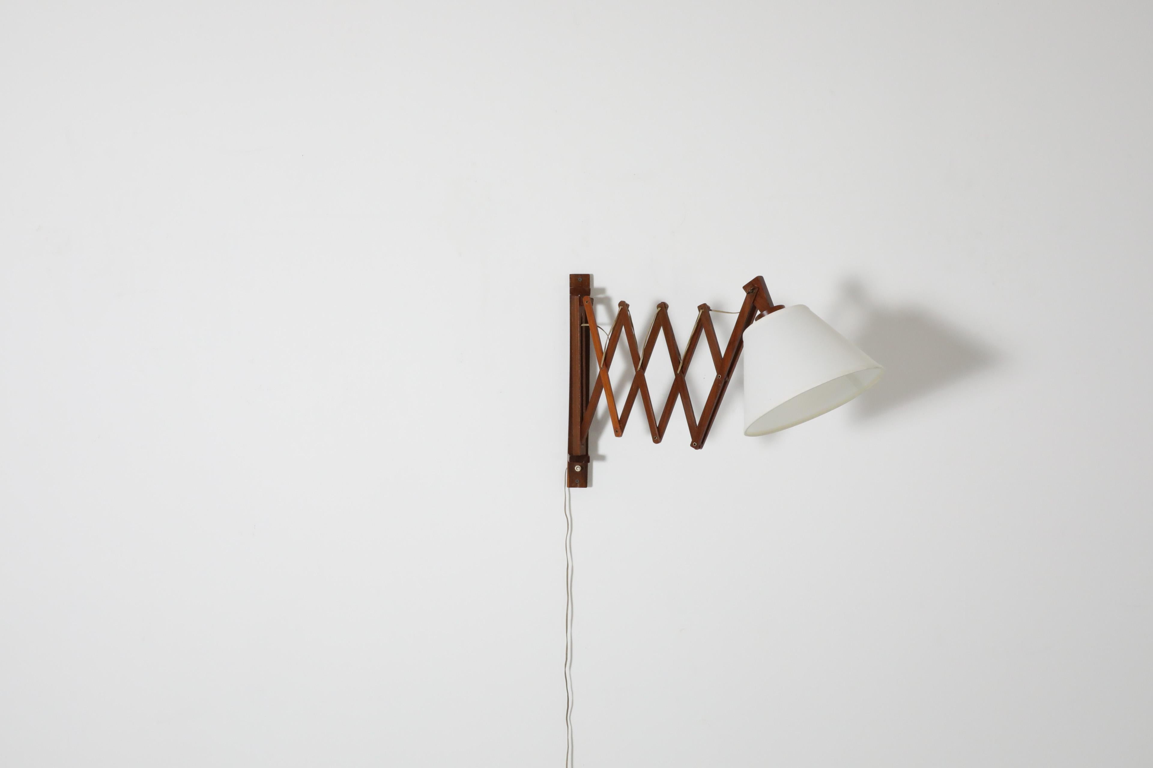 Dutch Mid-Century Dark Teak Accordion Wall Mount Lamp with New Linen Shade
