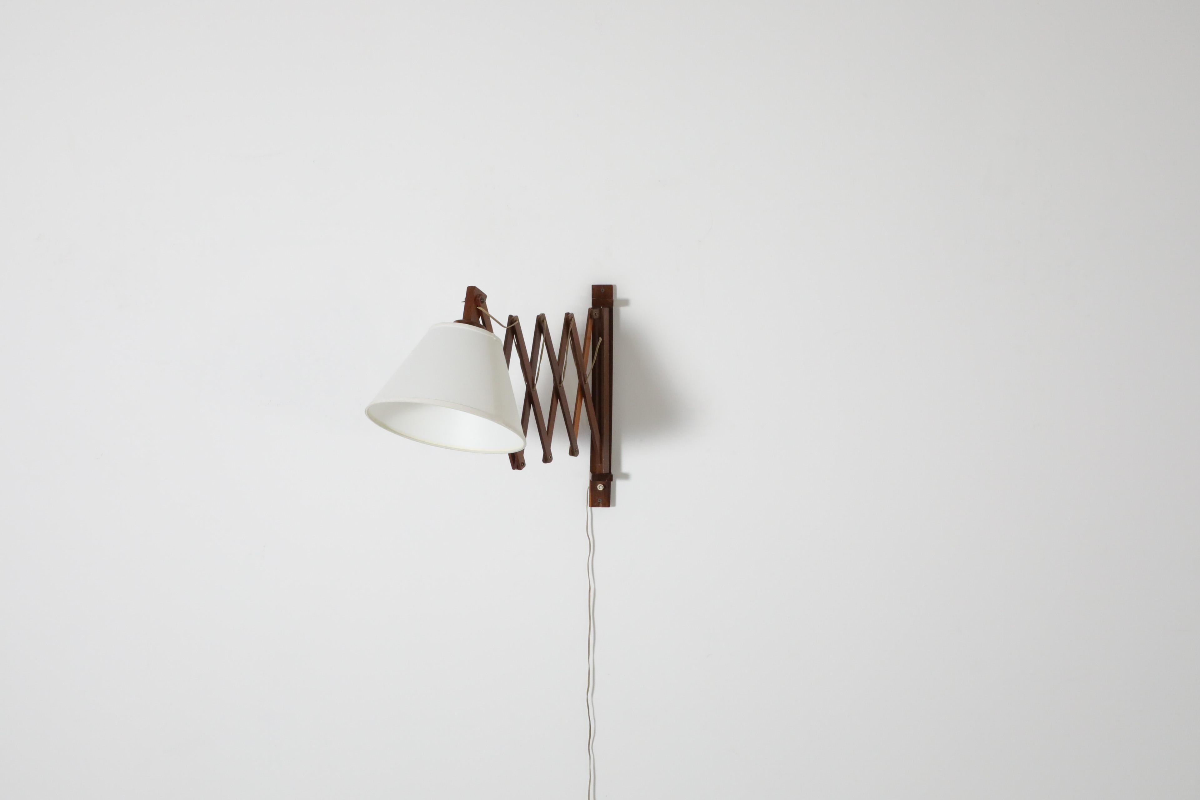 Mid-Century Dark Teak Accordion Wall Mount Lamp with New Linen Shade 1