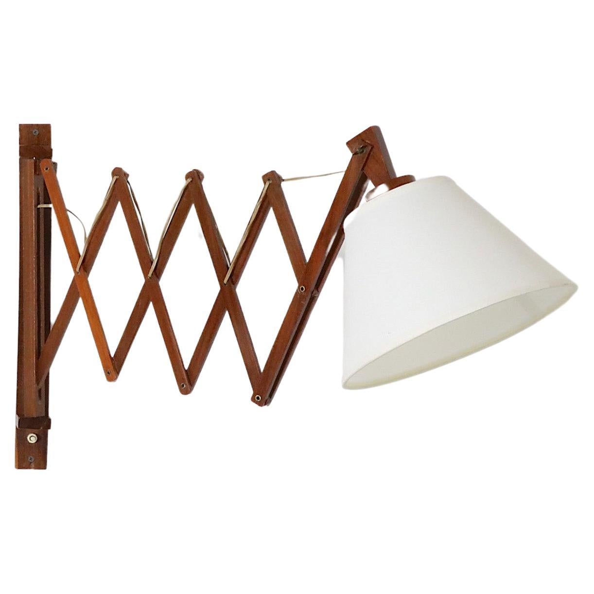 Mid-Century Dark Teak Accordion Wall Mount Lamp with New Linen Shade For Sale