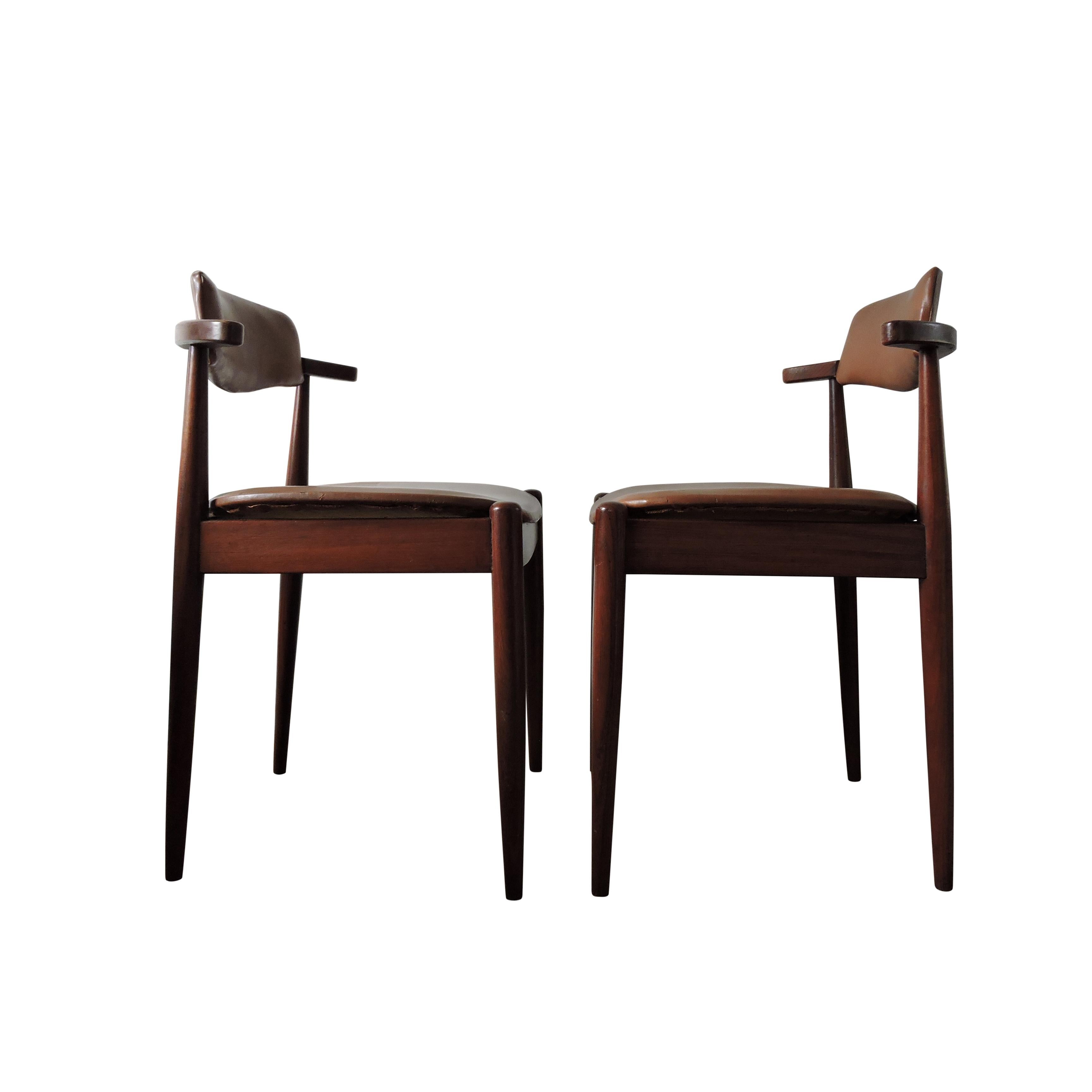 Mid-Century Modern Midcentury Dark Teak and Faux Leather Upholstery Dining Chairs, Set of 3