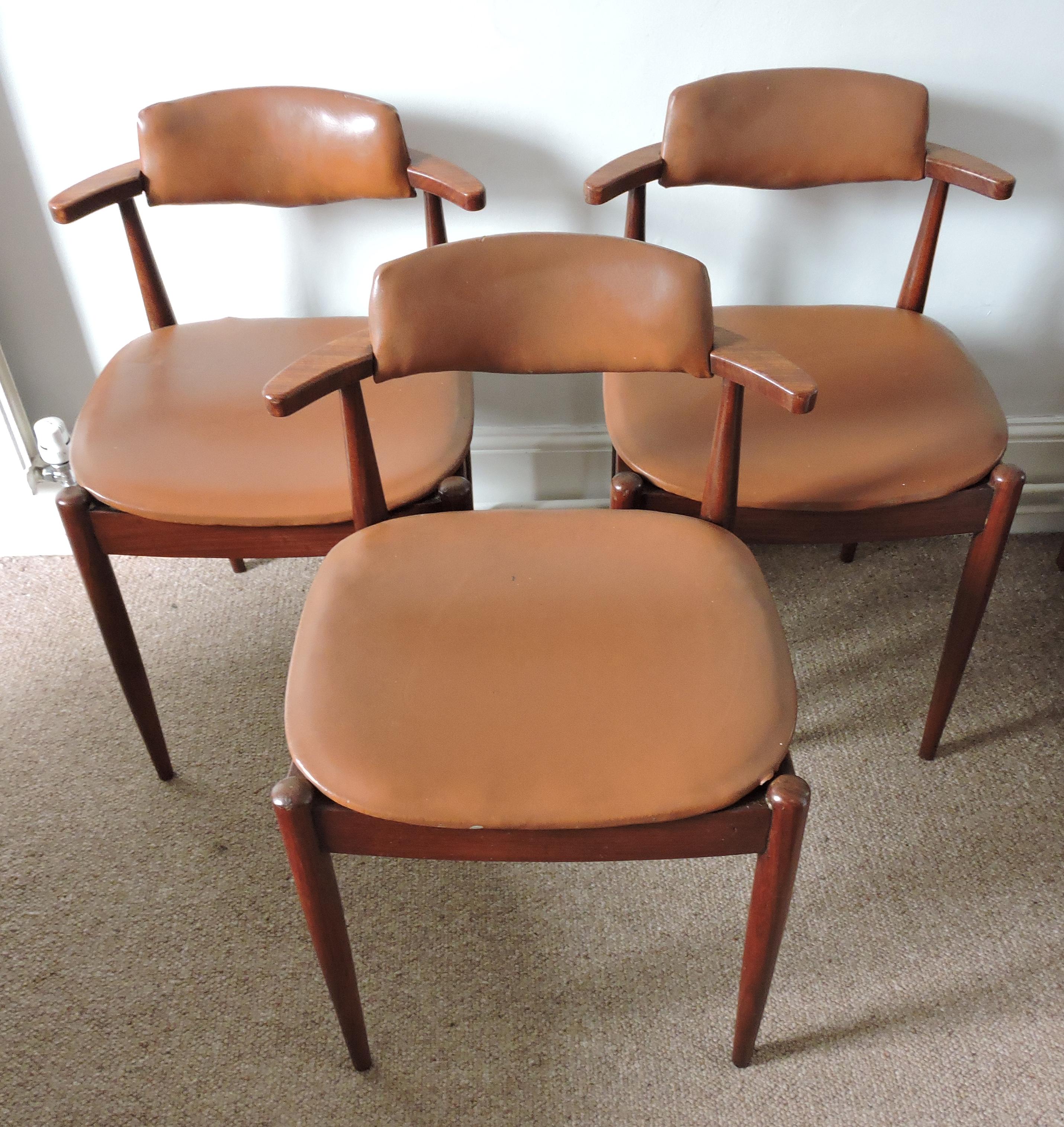 Midcentury Dark Teak and Faux Leather Upholstery Dining Chairs, Set of 3 In Fair Condition In Chesham, GB