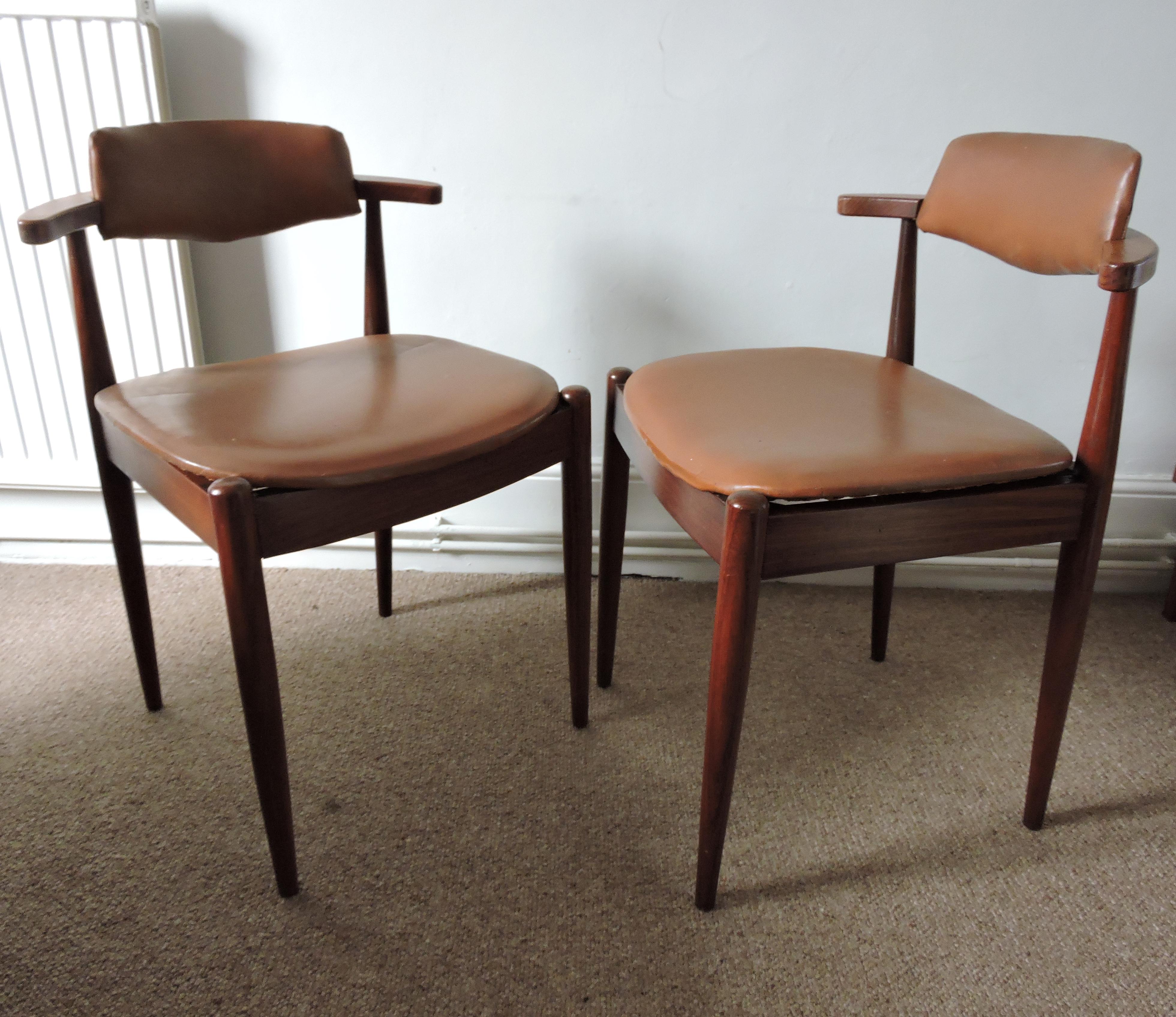 Midcentury Dark Teak and Faux Leather Upholstery Dining Chairs, Set of 3 4