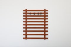 Mid-Century Italian Dark Teak Slatted Wall Standing Coat Rack with Hooks