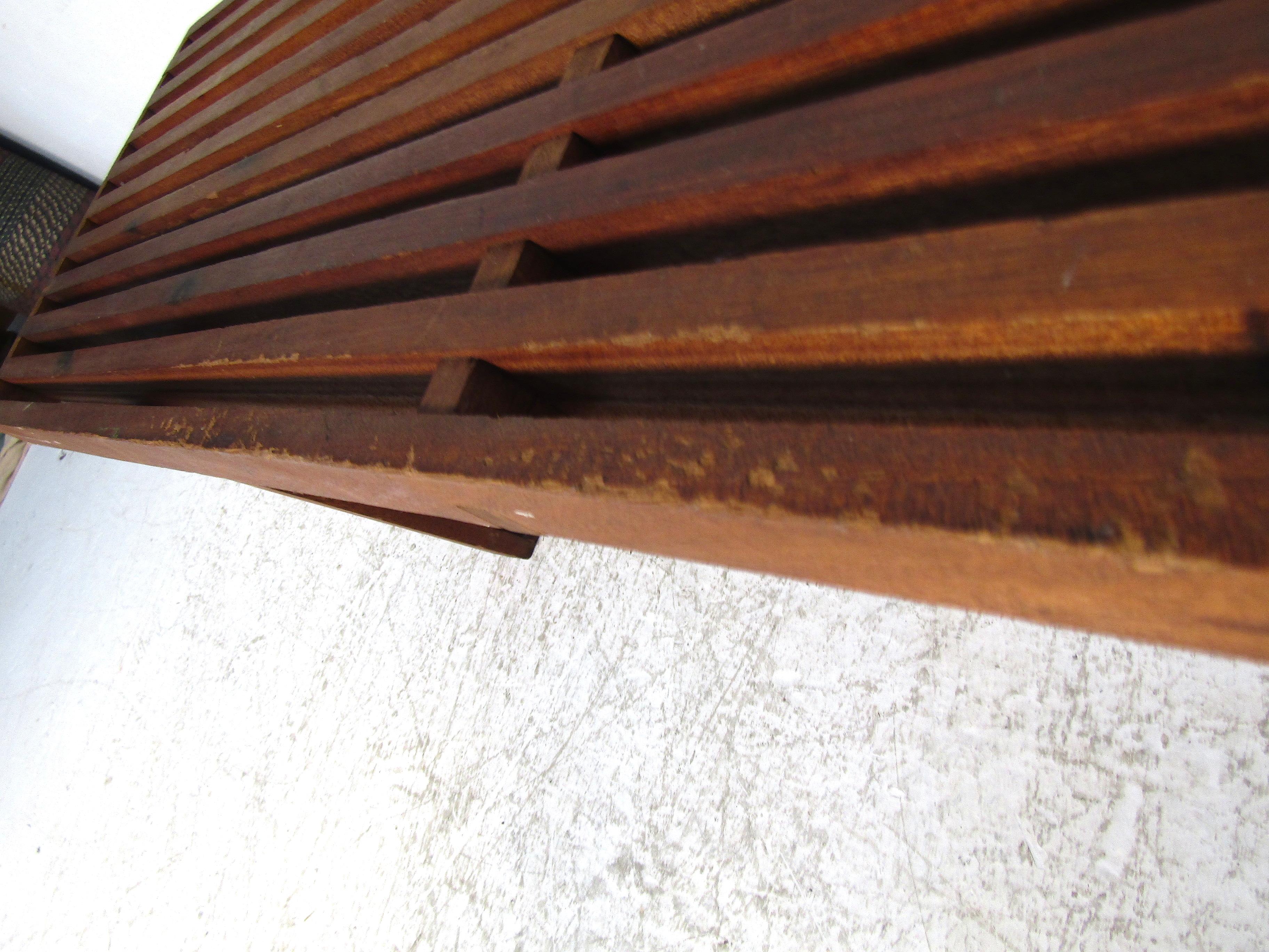 Midcentury Dark Wood Slat Bench 2