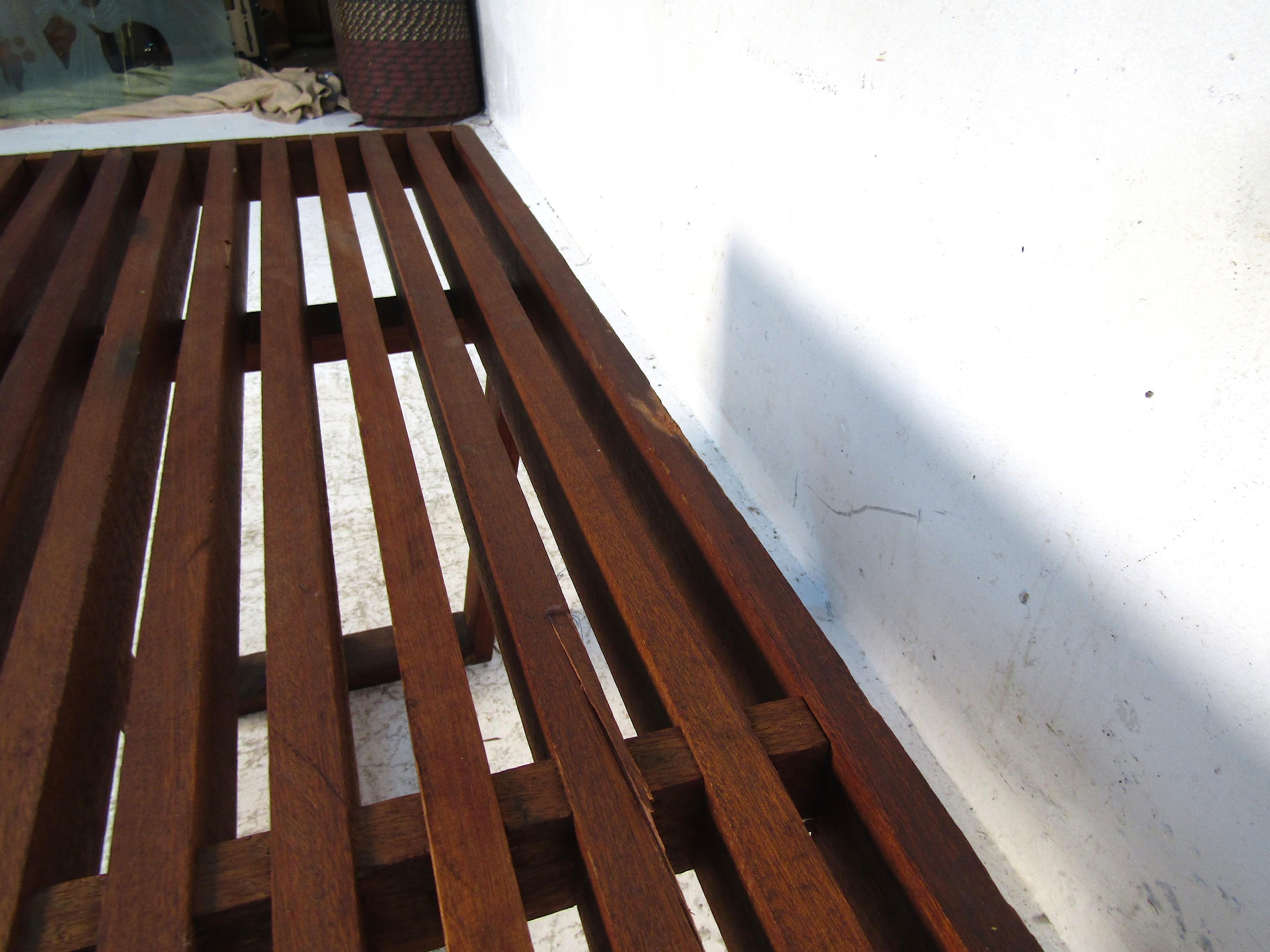 20th Century Midcentury Dark Wood Slat Bench