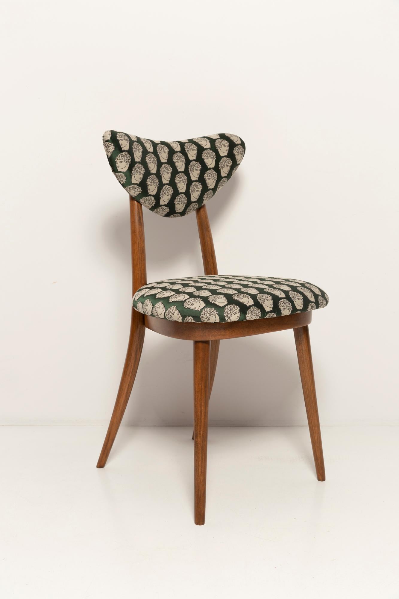 Midcentury David Print Emerald Satin, Walnut Wood Heart Chair, Europe, 1960s For Sale 2