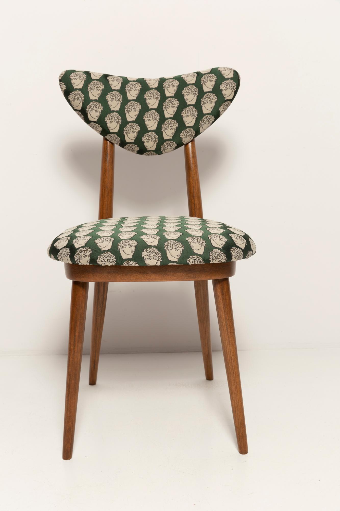 Midcentury David Print Emerald Satin, Walnut Wood Heart Chair, Europe, 1960s For Sale 4