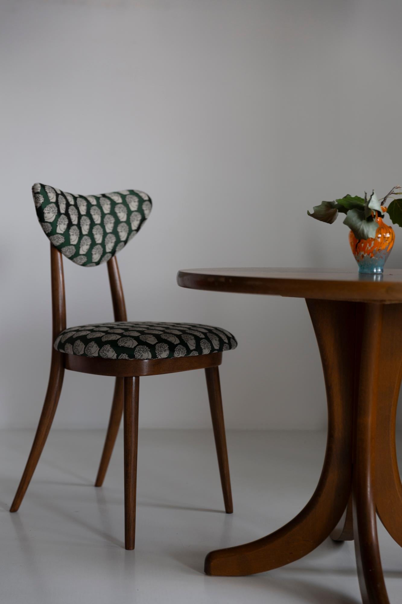 Polish Midcentury David Print Emerald Satin, Walnut Wood Heart Chair, Europe, 1960s For Sale