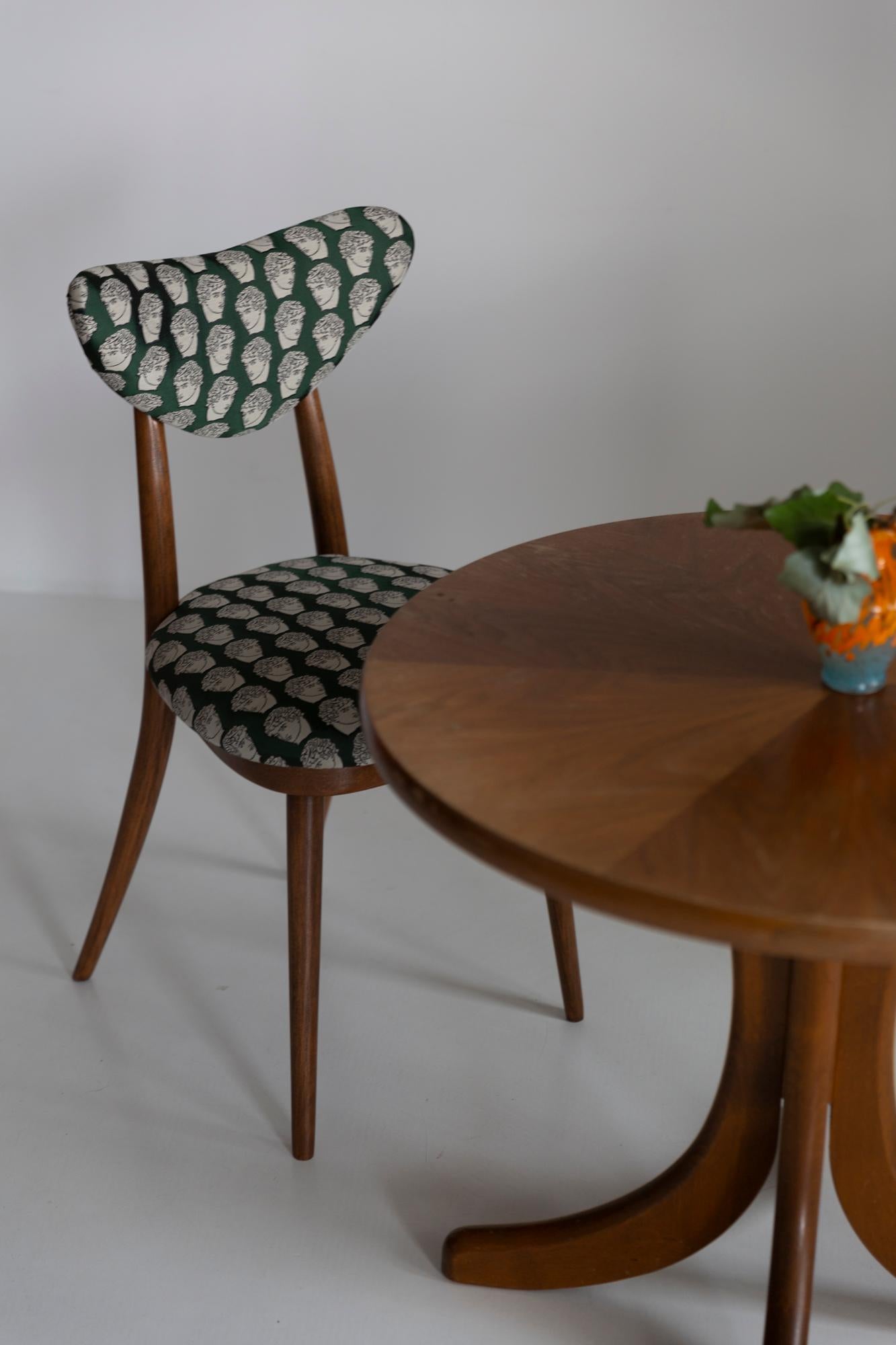 Hand-Crafted Midcentury David Print Emerald Satin, Walnut Wood Heart Chair, Europe, 1960s For Sale