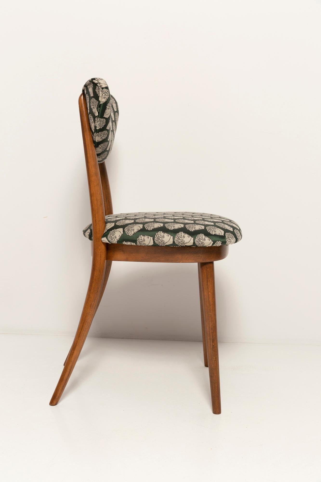 Velvet Midcentury David Print Emerald Satin, Walnut Wood Heart Chair, Europe, 1960s For Sale