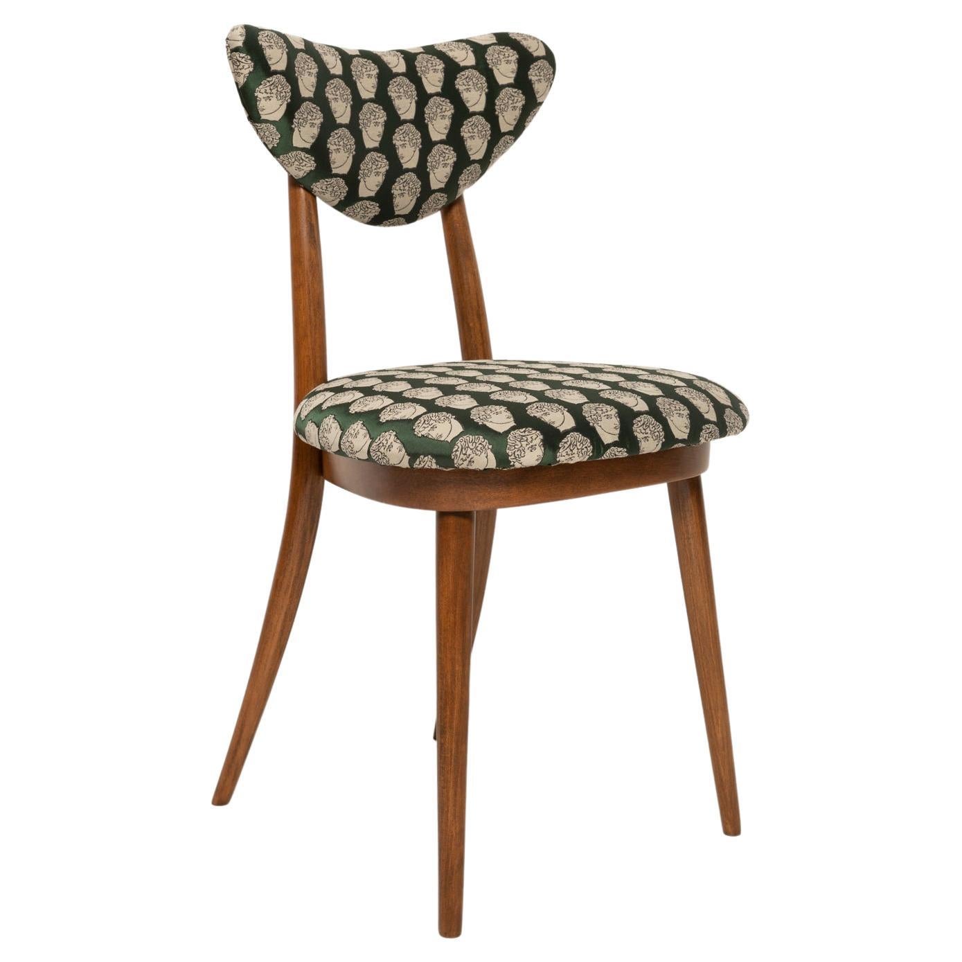 Midcentury David Print Emerald Satin, Walnut Wood Heart Chair, Europe, 1960s For Sale