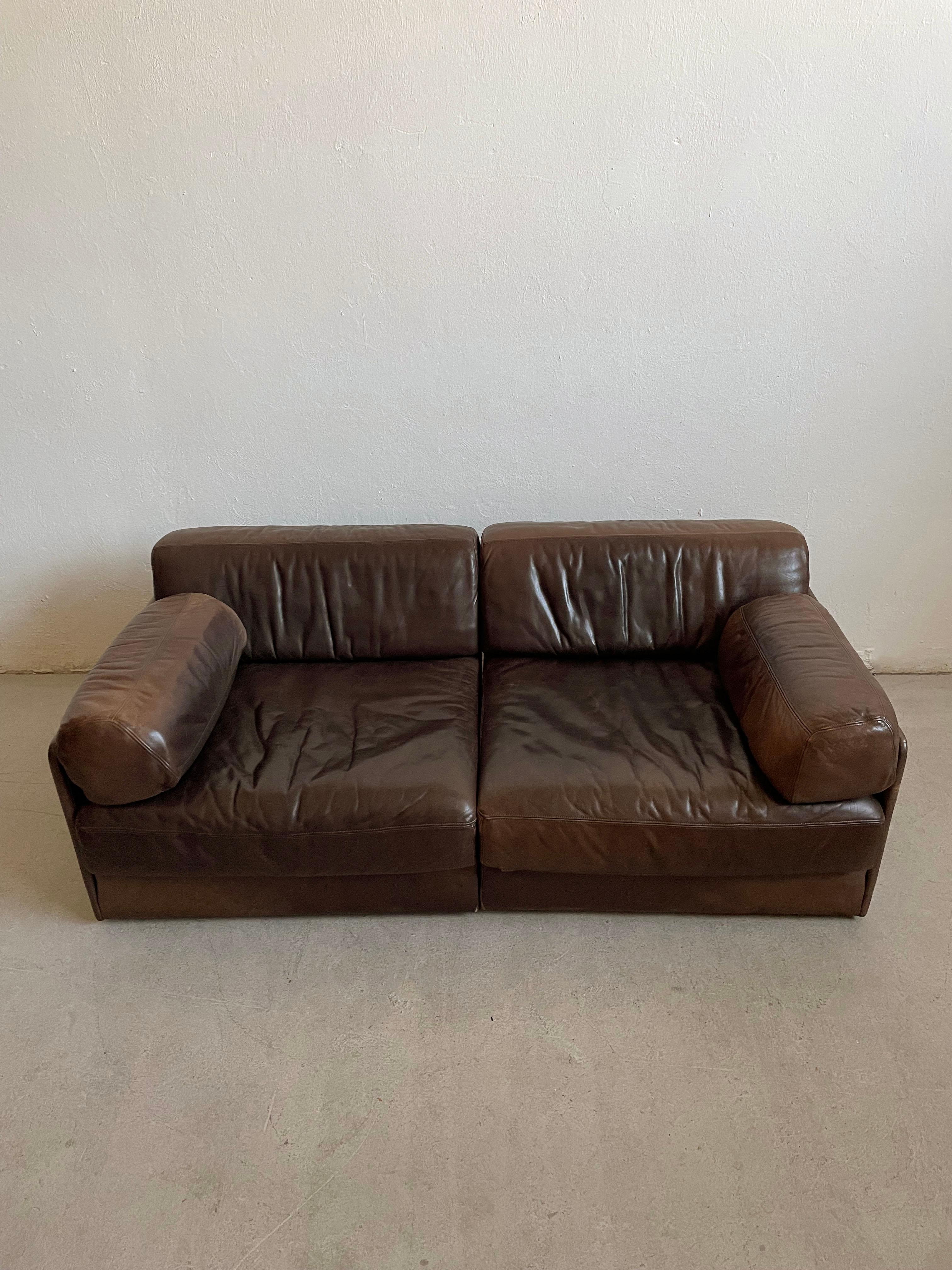 Mid-Century Modern Mid-Century De Sede Ds 76 Modular Sofa Bed, 2-piece Brown Leather Modules, 1970s For Sale