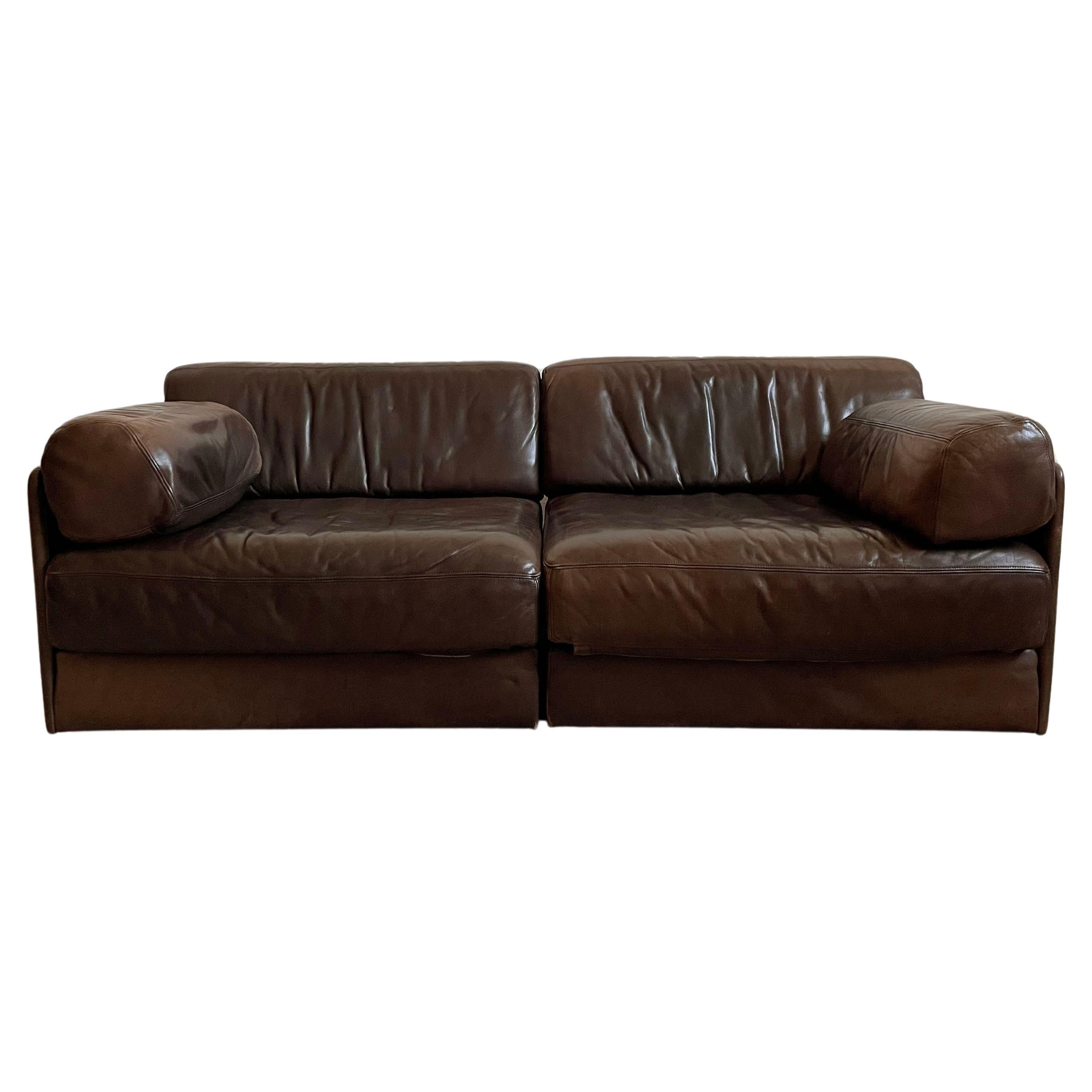 Mid-Century De Sede Ds 76 Modular Sofa Bed, 2-piece Brown Leather Modules, 1970s For Sale